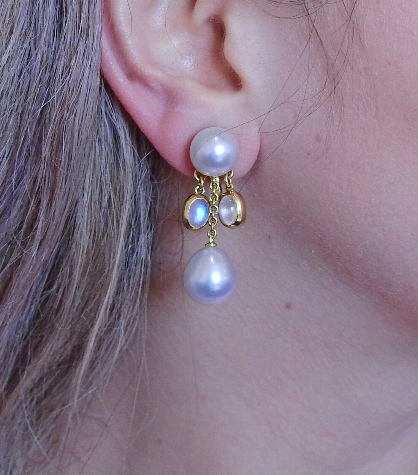 Assael Prince Dimitri South Sea Pearl Moonstone Gold Drop Earrings - Oak Gem