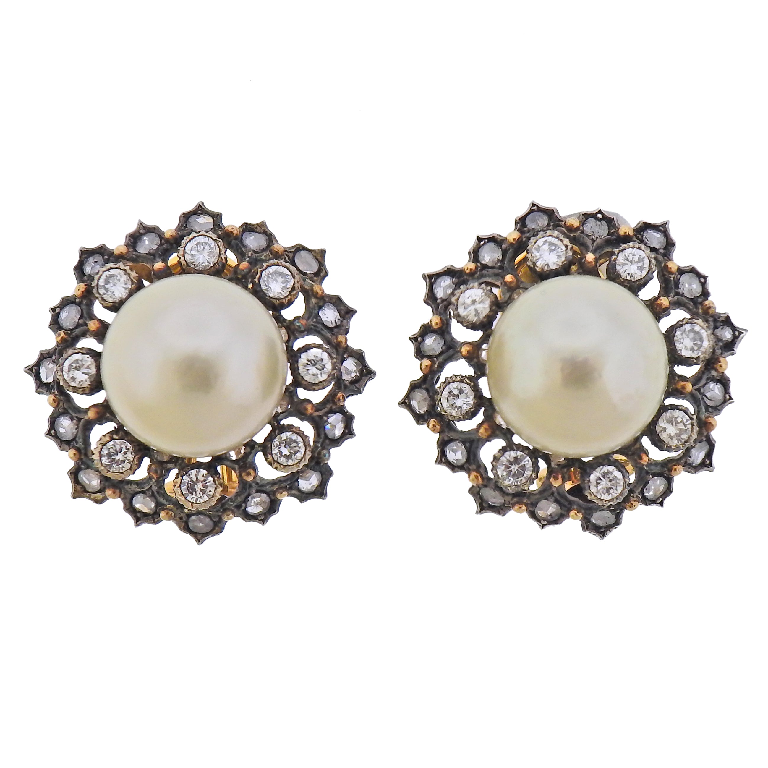 Buccellati South Sea Pearl Diamond Gold Silver Earrings - Oak Gem