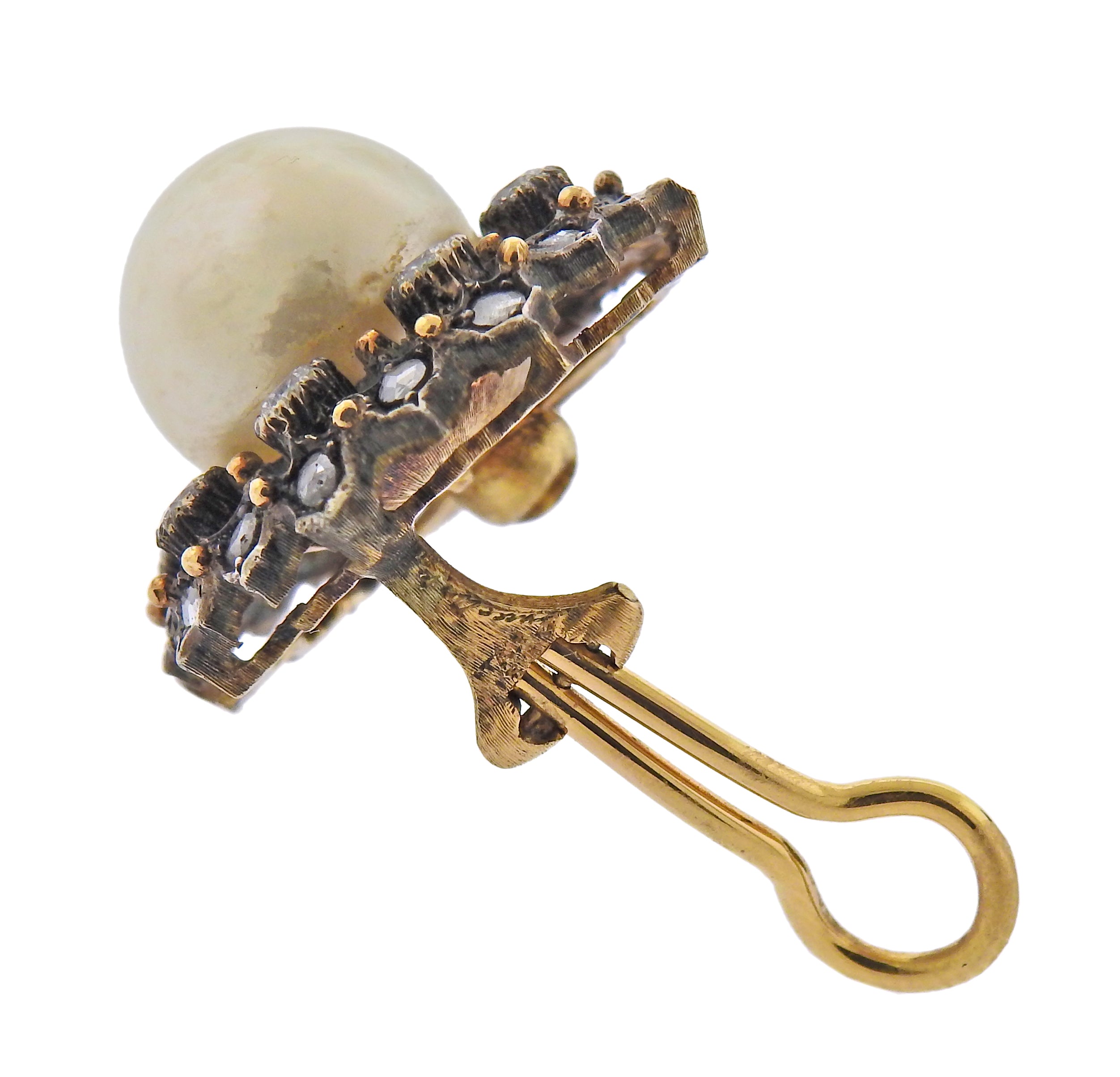 Buccellati South Sea Pearl Diamond Gold Silver Earrings - Oak Gem