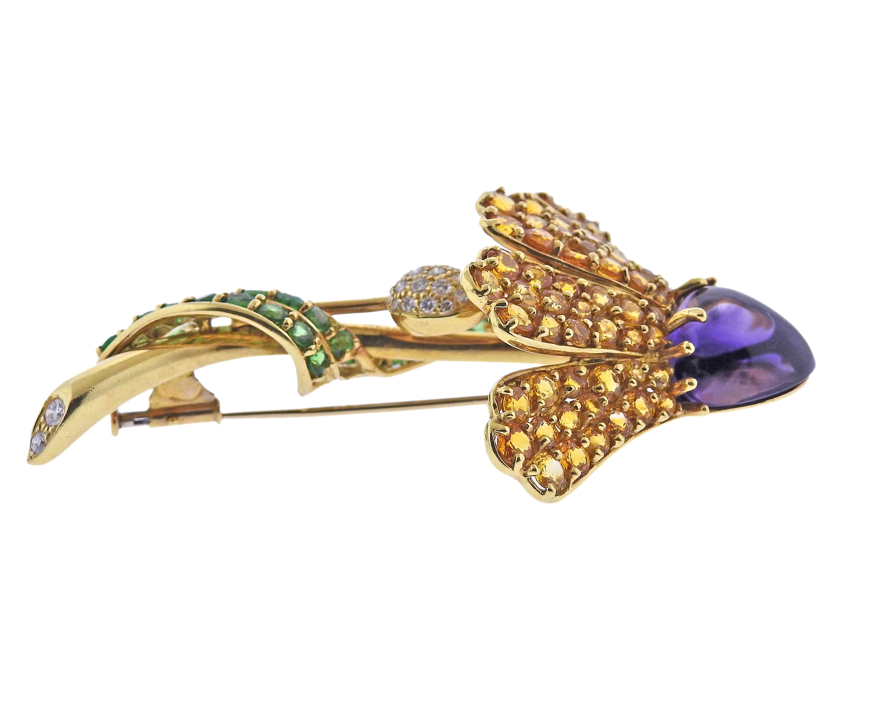 Jean Vitau Diamond Amethyst Tsavorite Sapphire Gold Flower Earrings Brooch Set