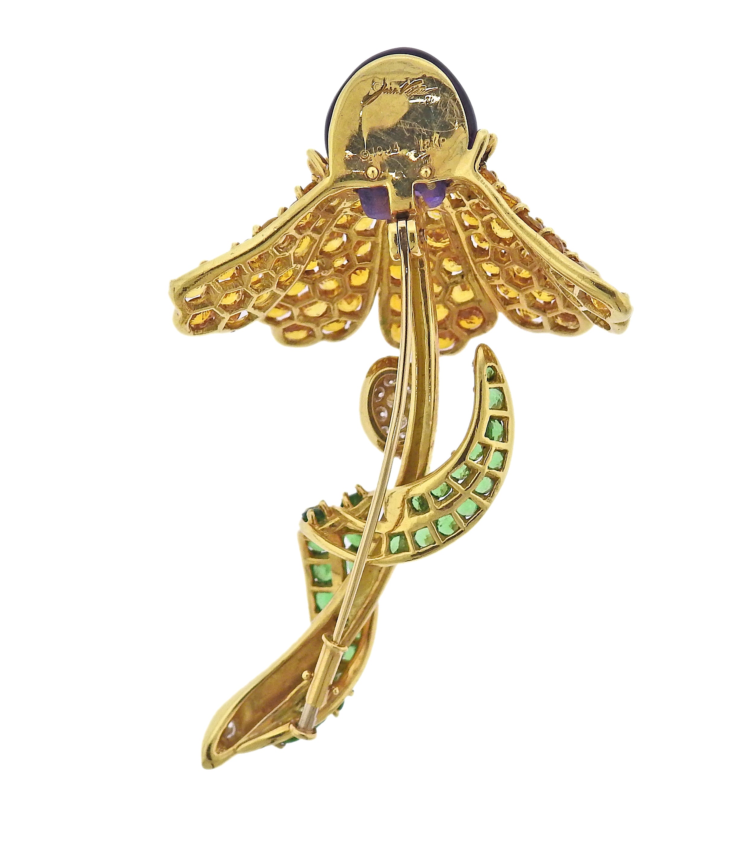 Jean Vitau Diamond Amethyst Tsavorite Sapphire Gold Flower Earrings Brooch Set