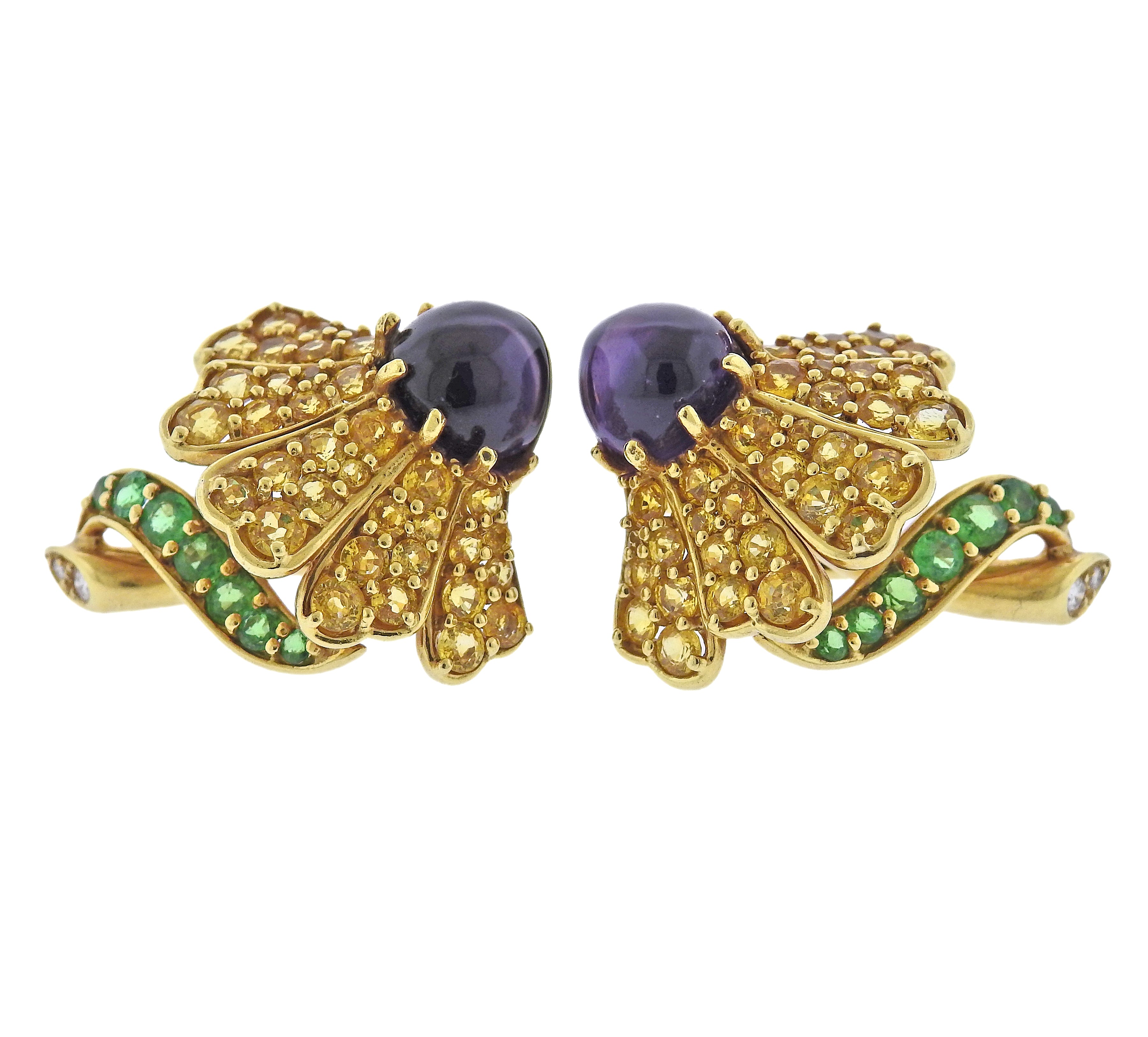 Jean Vitau Diamond Amethyst Tsavorite Sapphire Gold Flower Earrings Brooch Set