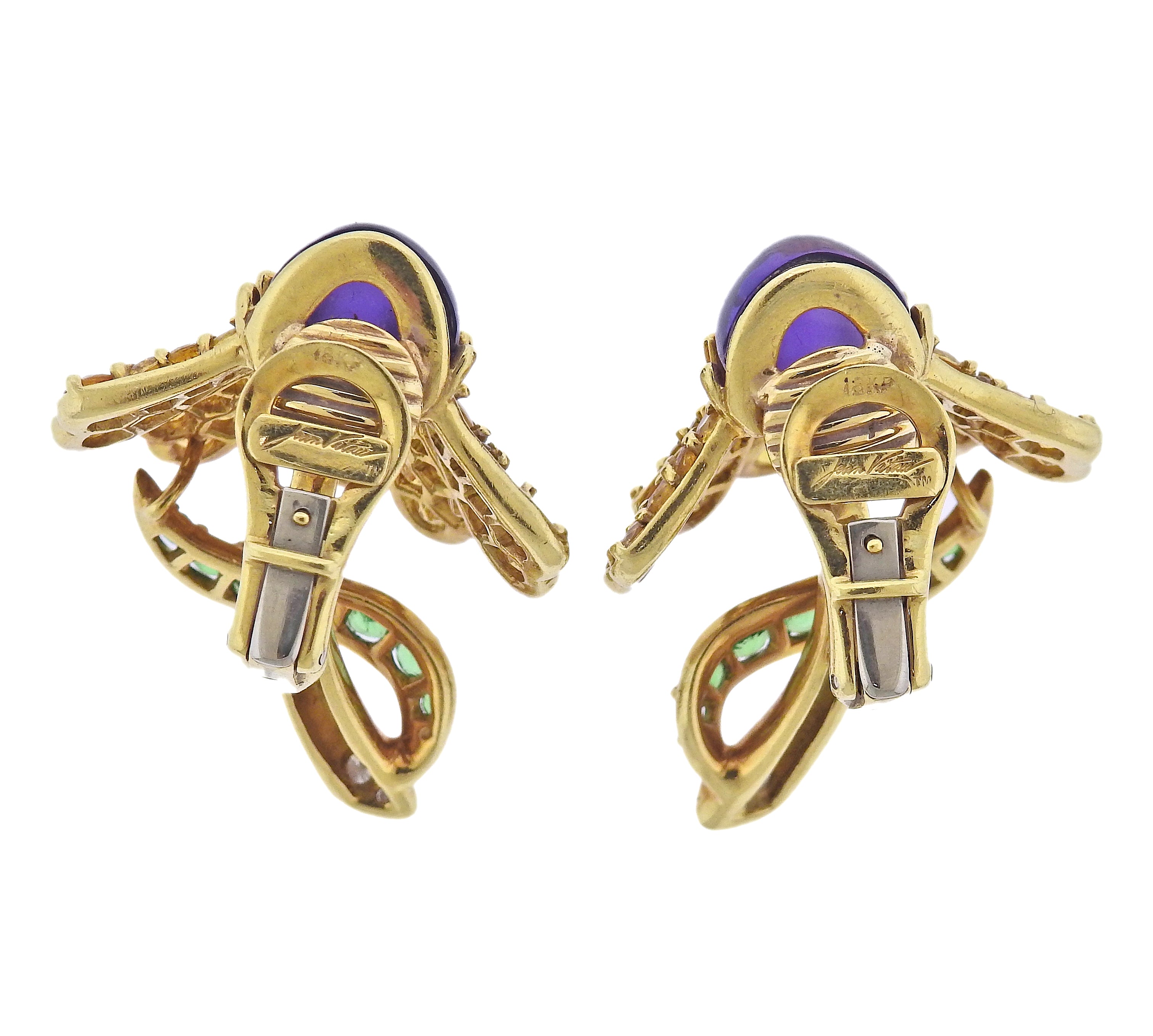 Jean Vitau Diamond Amethyst Tsavorite Sapphire Gold Flower Earrings Brooch Set