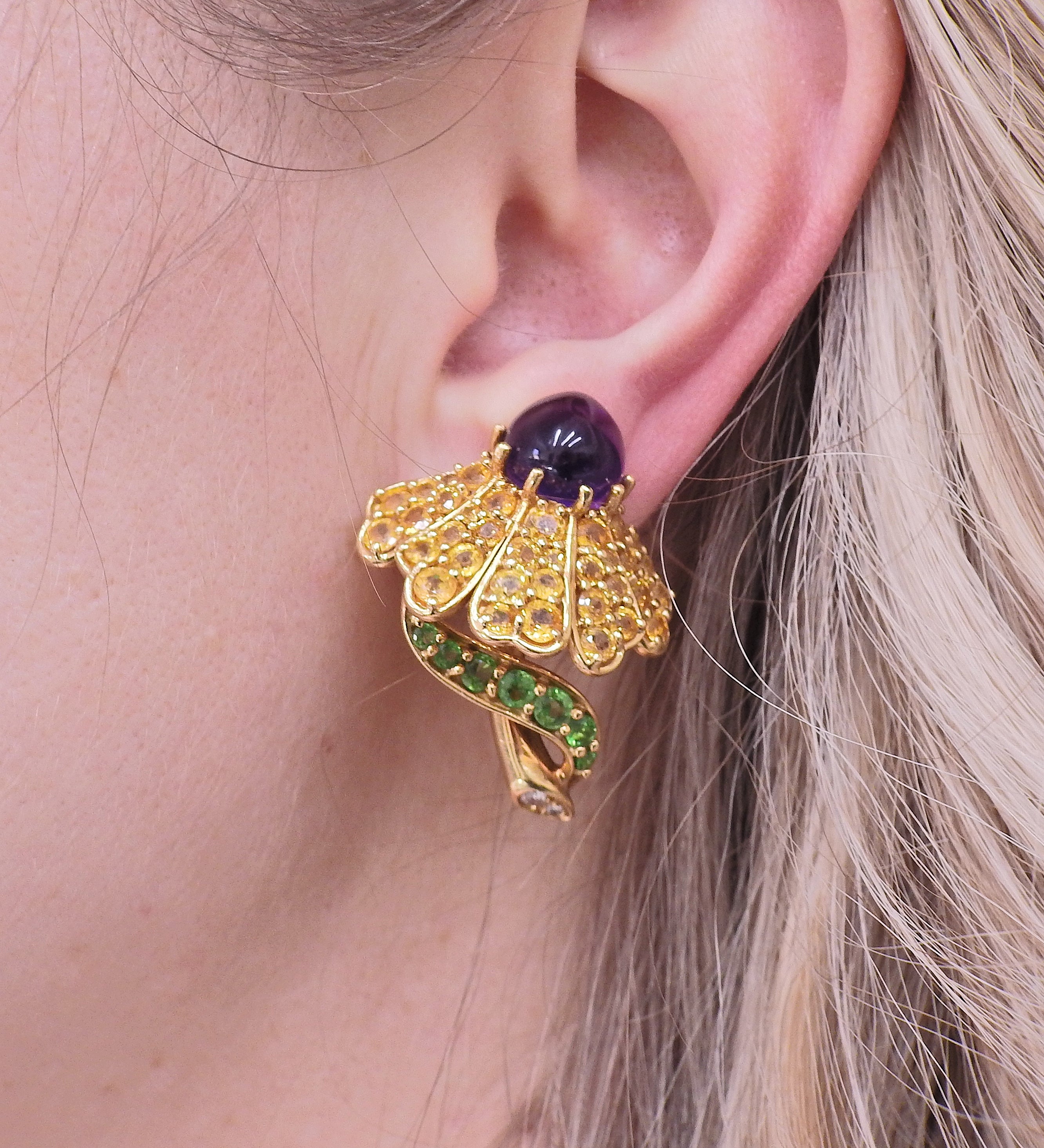 Jean Vitau Diamond Amethyst Tsavorite Sapphire Gold Flower Earrings Brooch Set