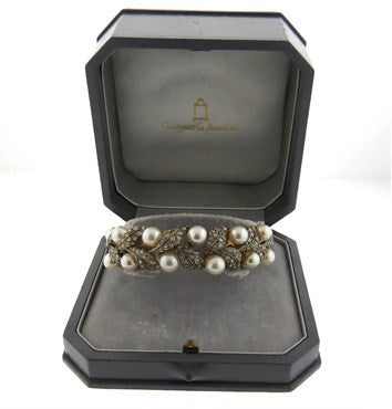 Buccellati Gold Silver Rose Cut Diamond Pearl Leaf Motif Cuff Bracelet - Oak Gem