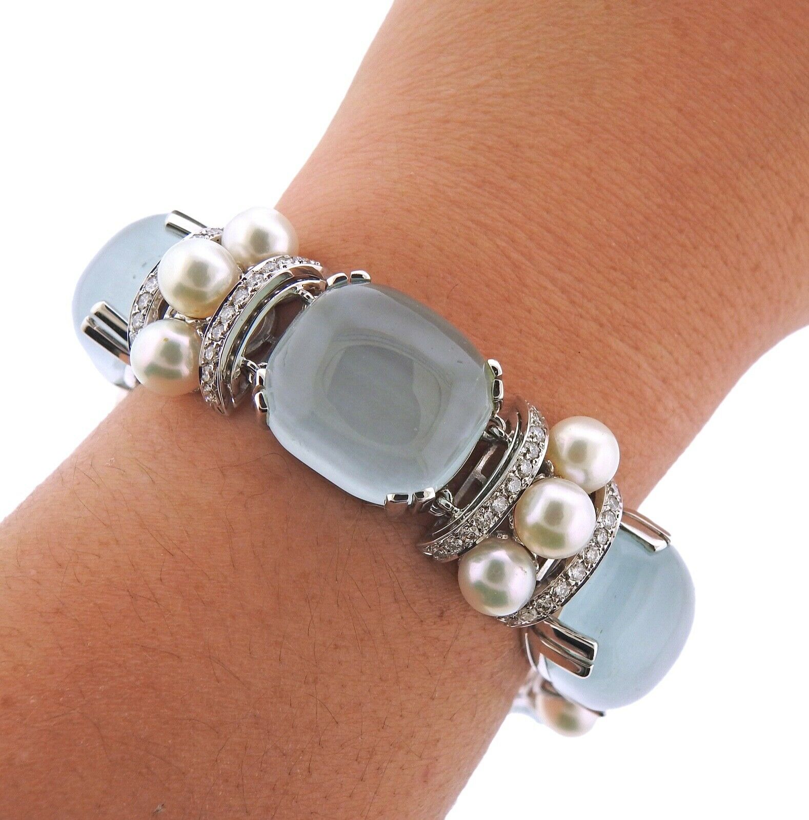 Seaman Schepps Gold Pearl Diamond Aquamarine Bracelet - Oak Gem