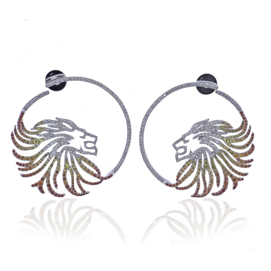 Bucherer Gold Sapphire Diamond Lion Hoop Earrings