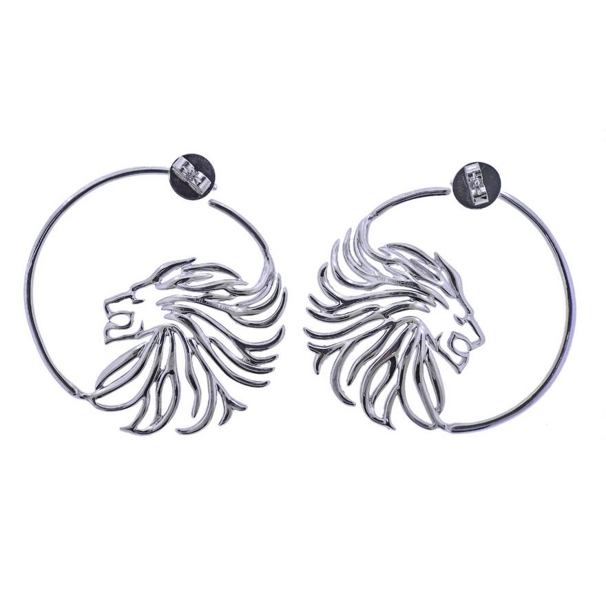 Bucherer Gold Sapphire Diamond Lion Hoop Earrings