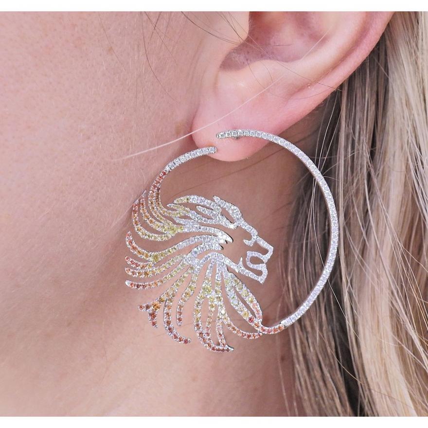 Bucherer Gold Sapphire Diamond Lion Hoop Earrings