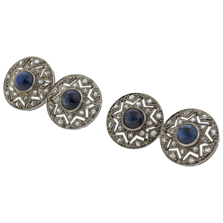 Art Deco Diamond Sapphire Platinum Cufflinks - Oak Gem