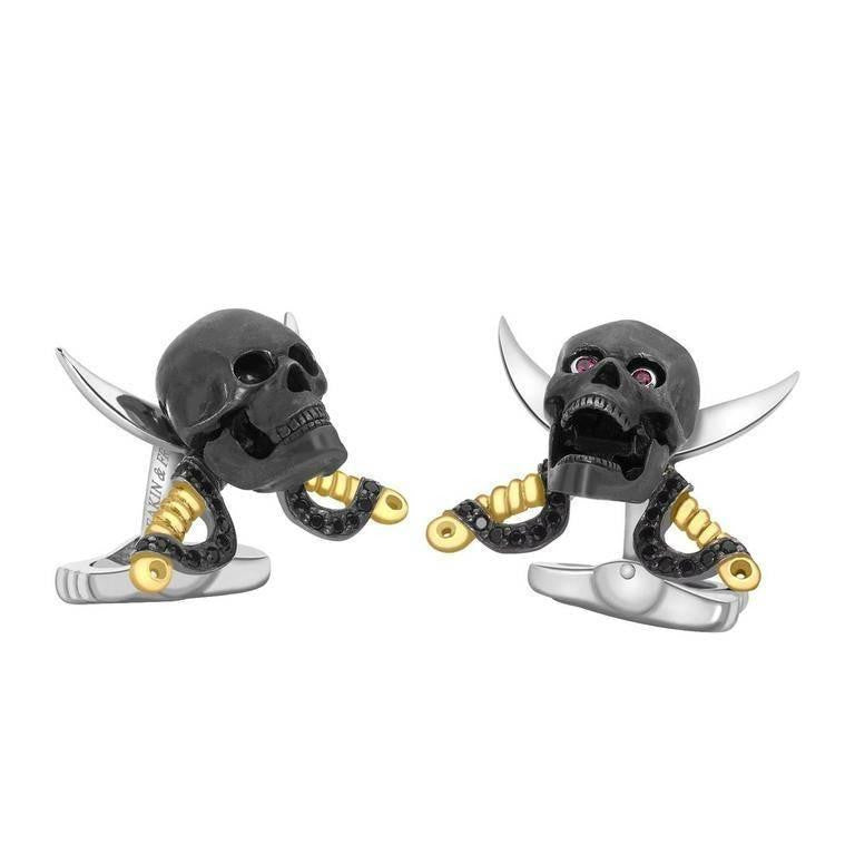 Deakin & Francis Sterling Pirate Crossed Daggers Ruby Spinel Skull Cufflinks - Oak Gem