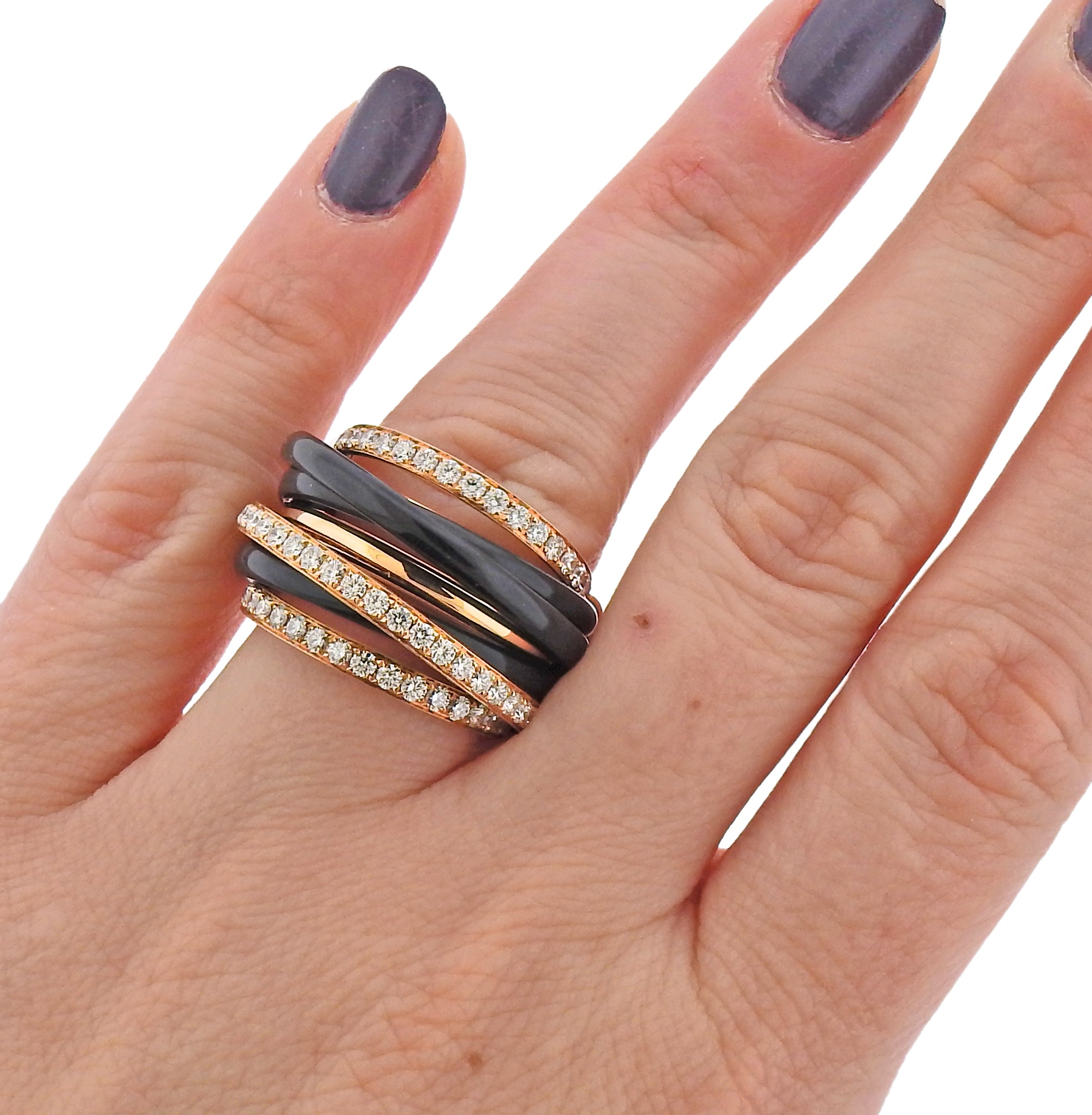 De Grisogono Allegra Rose Gold Black Ceramic Diamond Ring - Oak Gem