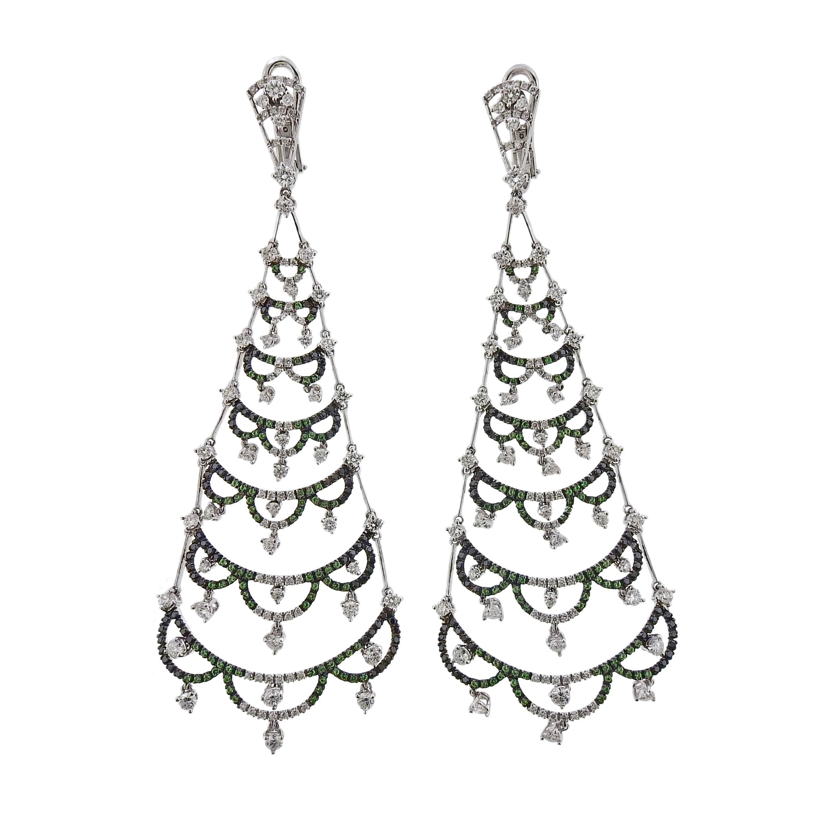 Porrati White Black Diamond Tsavorite Gold Chandelier Earrings - Oak Gem