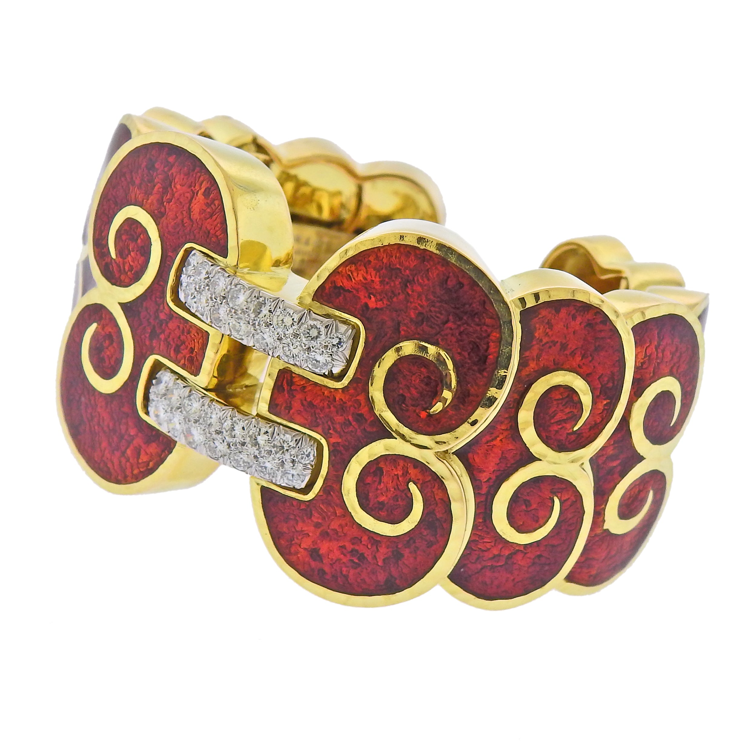 David Webb Diamond Enamel Gold Platinum Swirl Cuff Bracelet - Oak Gem