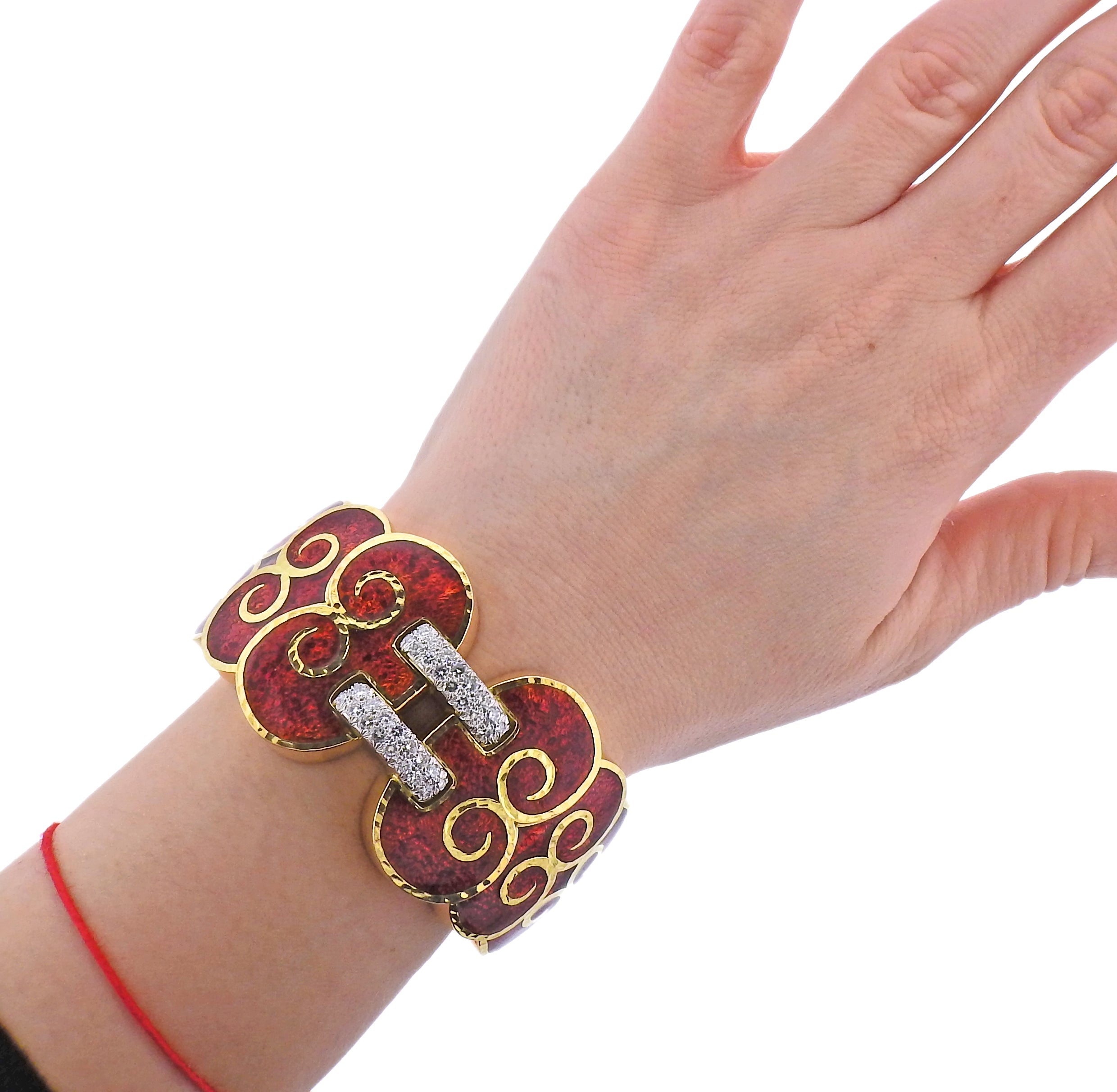 David Webb Diamond Enamel Gold Platinum Swirl Cuff Bracelet - Oak Gem