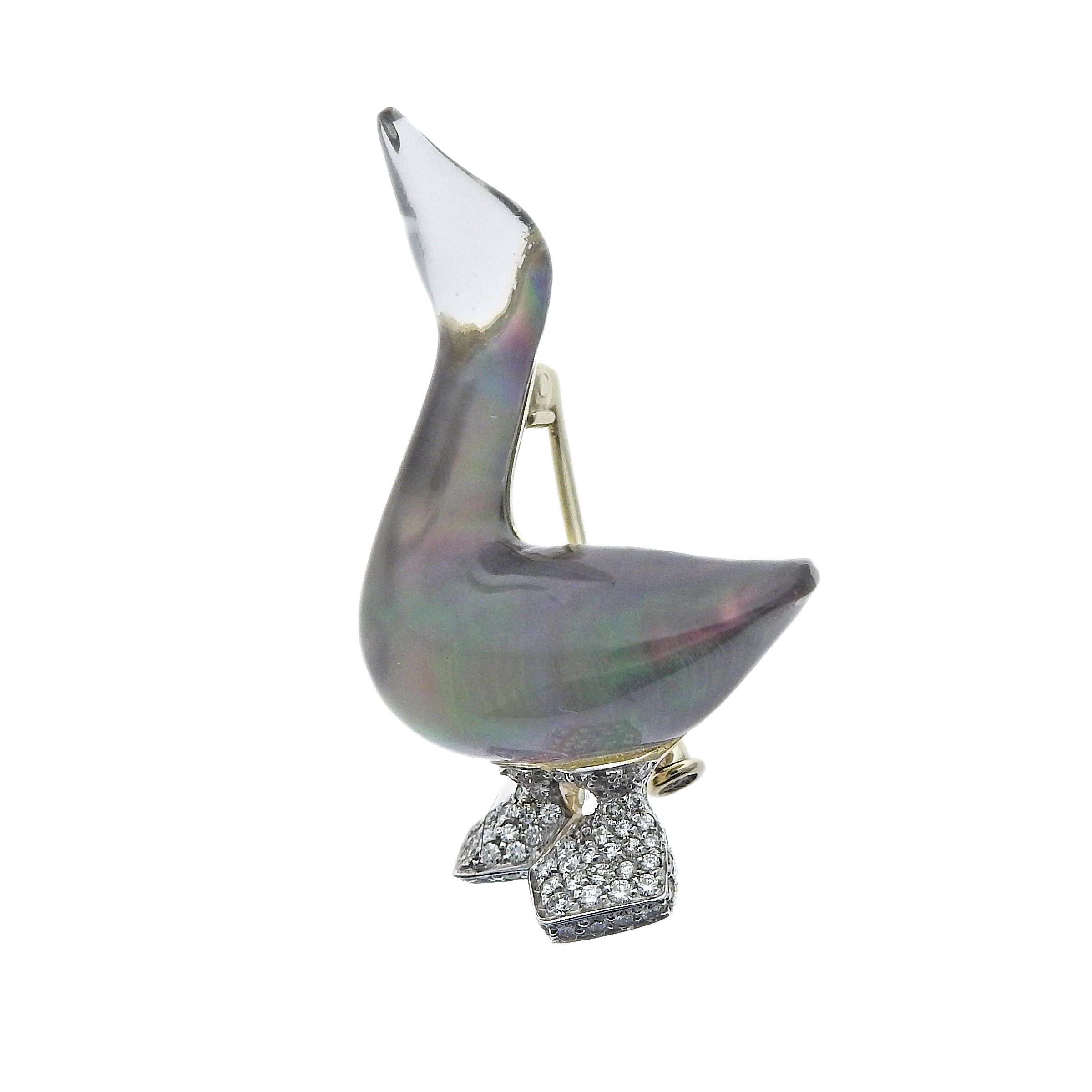 Vhernier Gold Crystal Mother of Pearl Diamond Duck Brooch