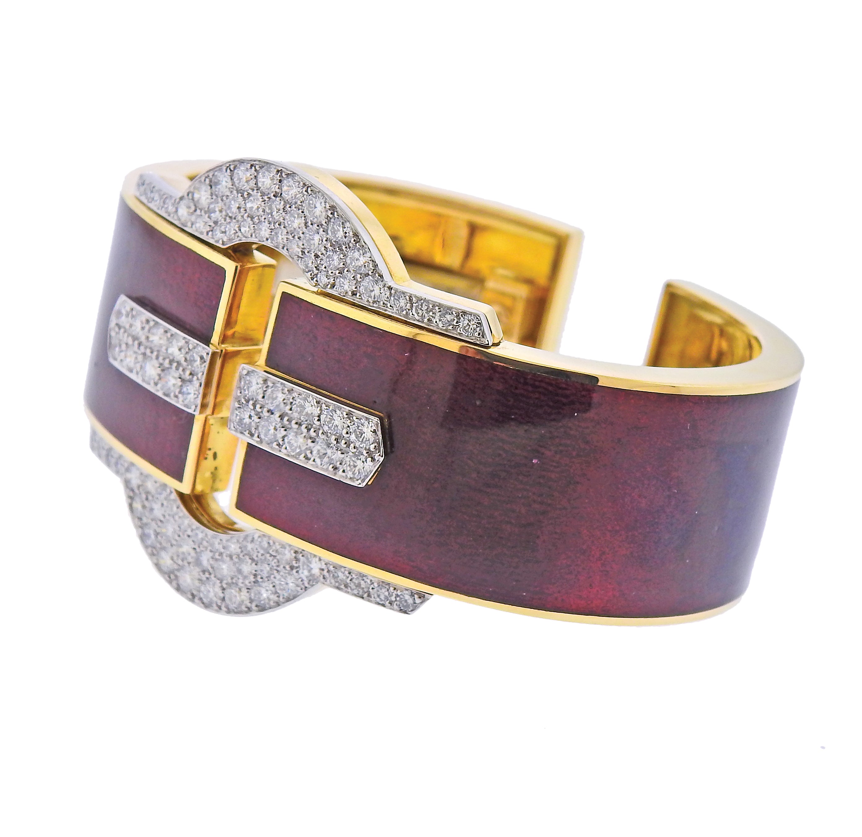 David Webb Diamond Gold Platinum Red Enamel Buckle Cuff Bracelet - Oak Gem