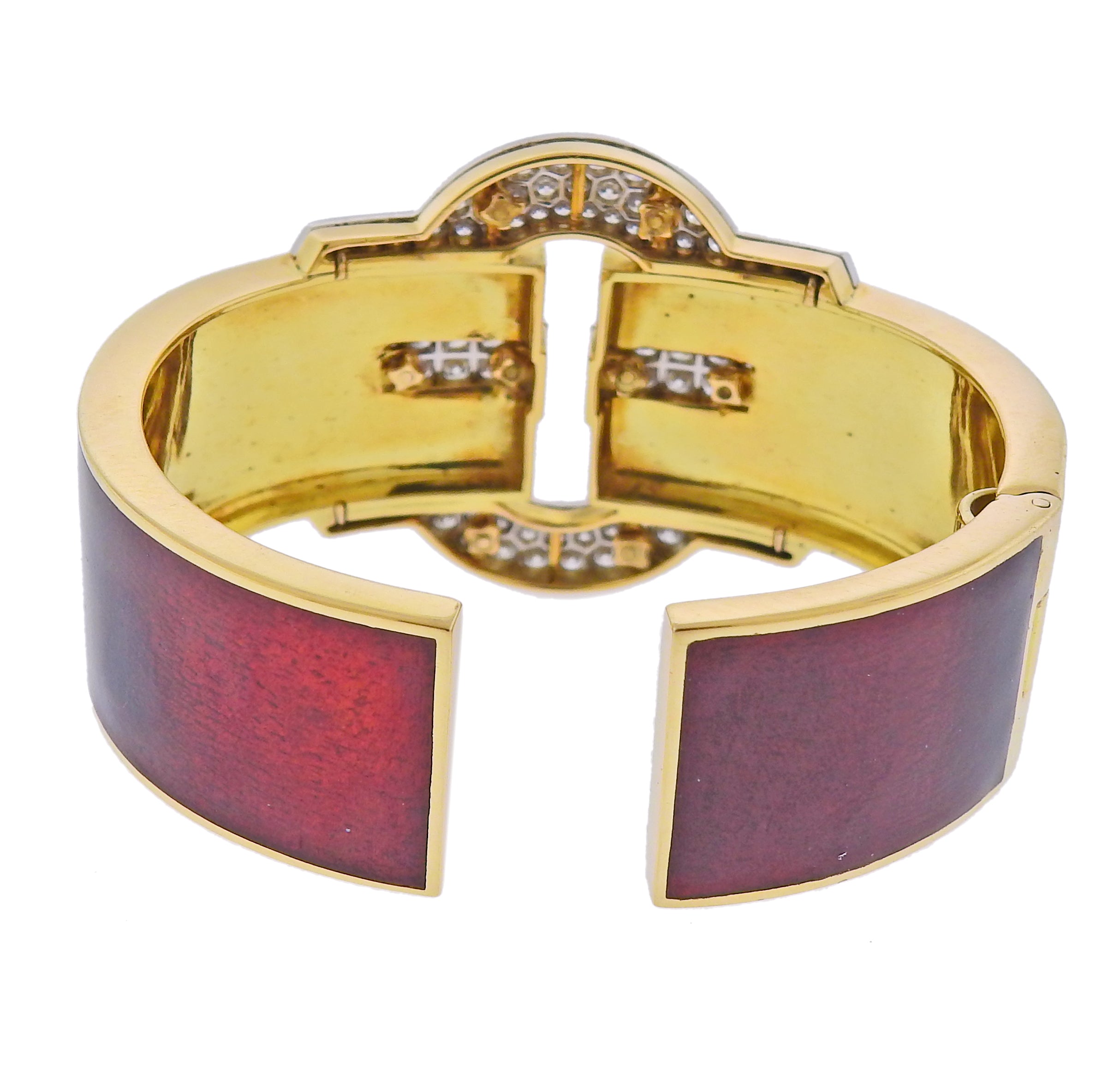 David Webb Diamond Gold Platinum Red Enamel Buckle Cuff Bracelet - Oak Gem