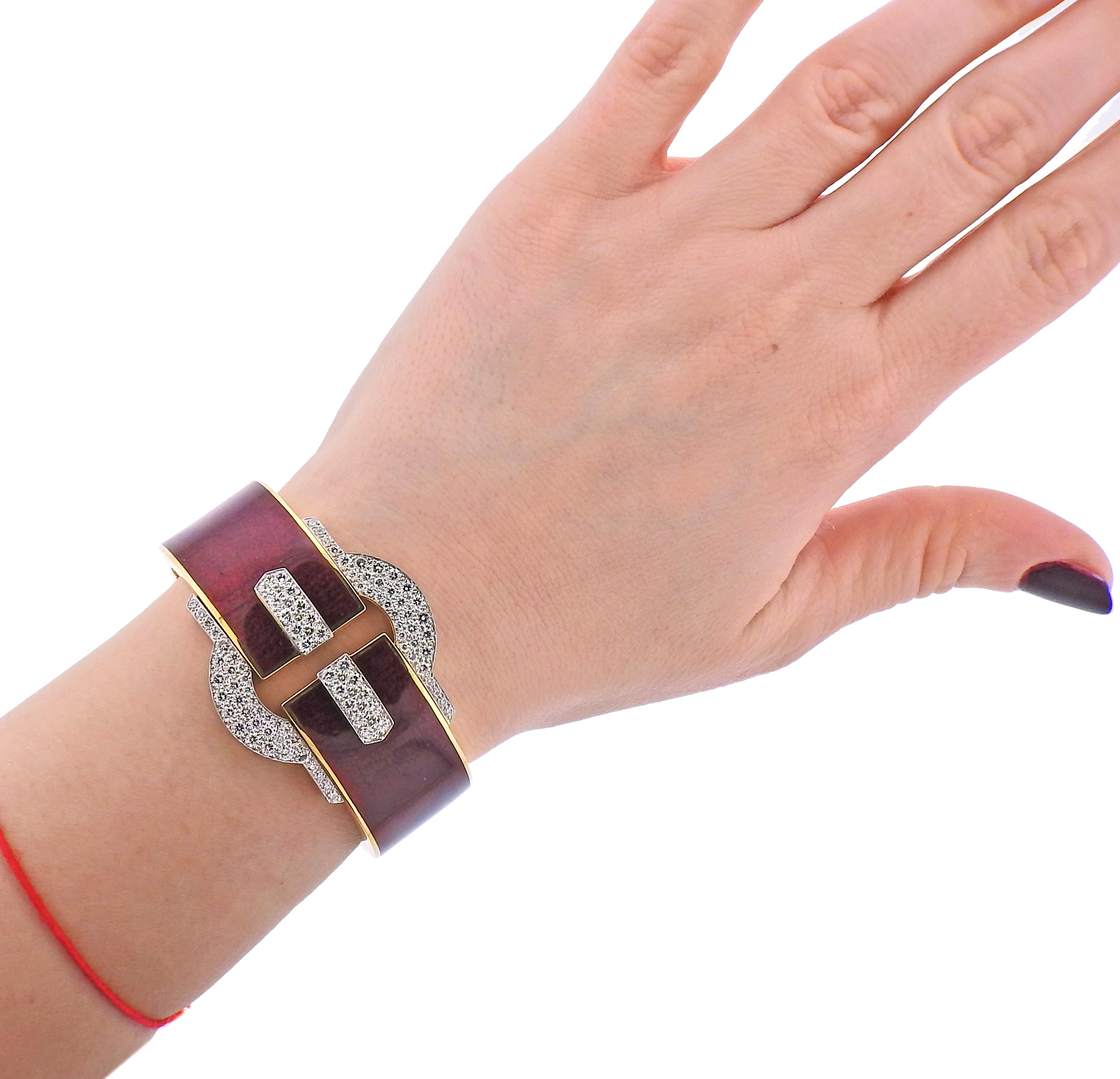 David Webb Diamond Gold Platinum Red Enamel Buckle Cuff Bracelet - Oak Gem