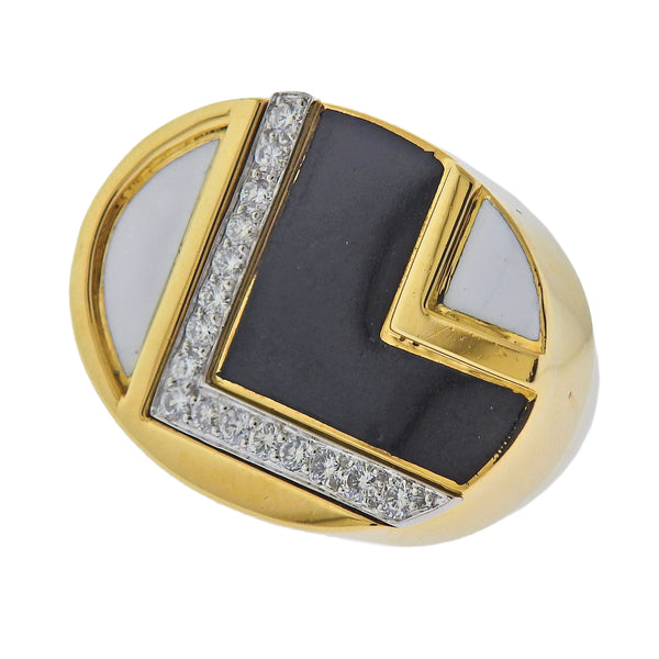 David Webb Black White Enamel Diamond Gold Platinum Ring - Oak Gem