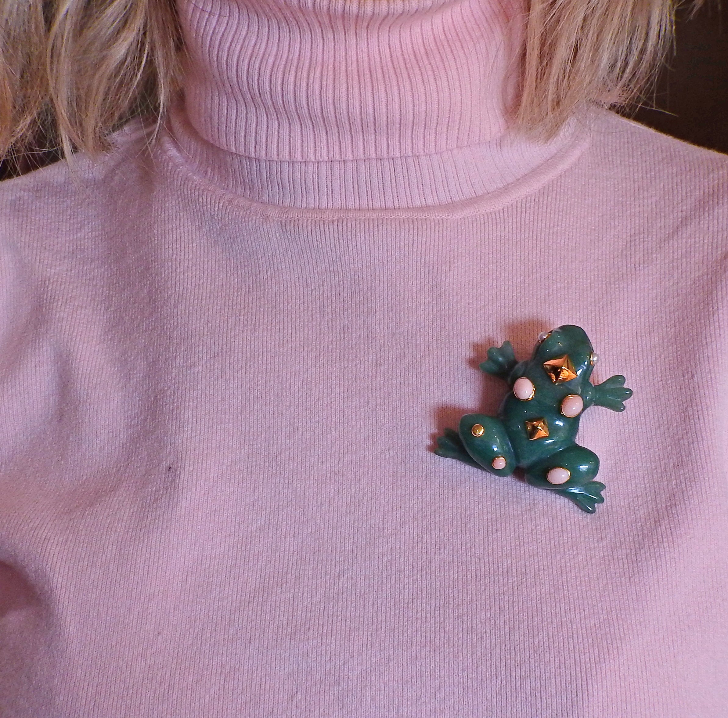 Seaman Schepps Aventurine Coral Pearl Gold Large Frog Brooch - Oak Gem