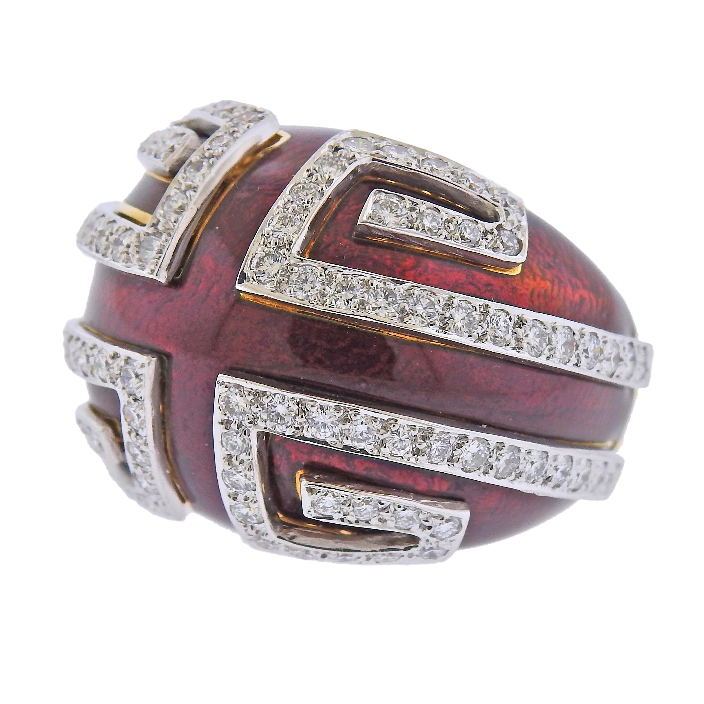 David Webb Red Enamel Diamond Gold Platinum Scroll Ring - Oak Gem