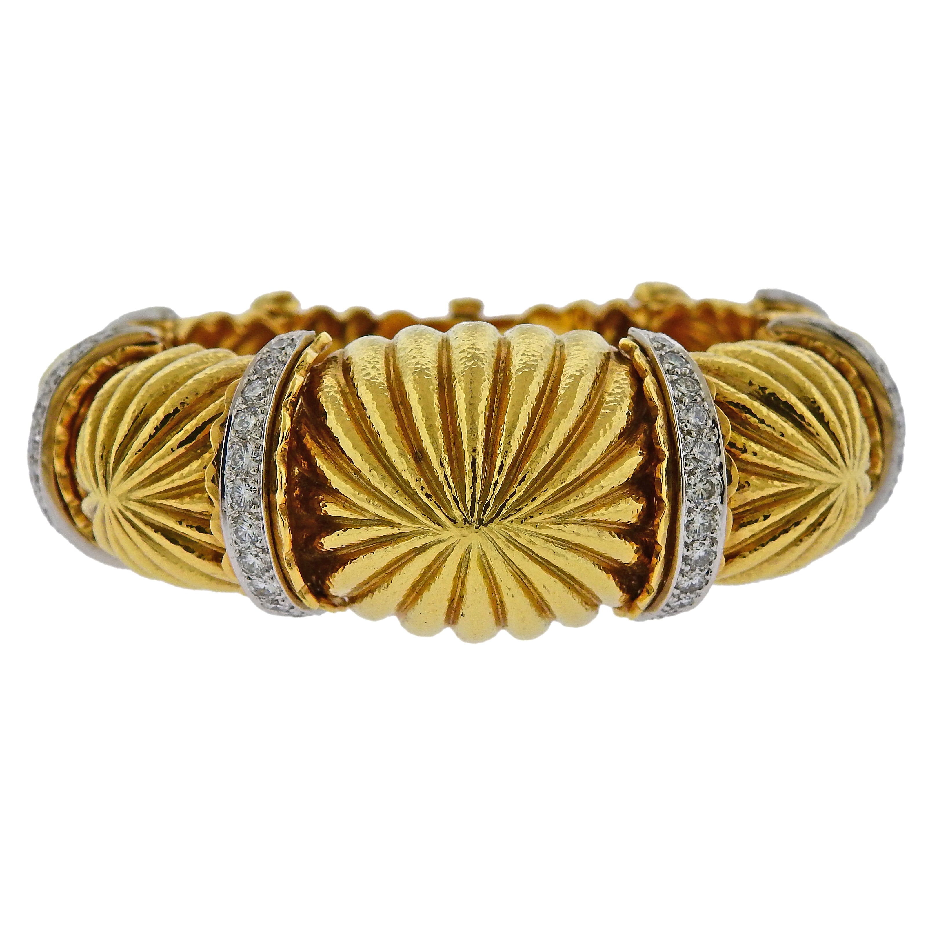 David Webb Fluted Dome Diamond Gold Platinum Bracelet - Oak Gem