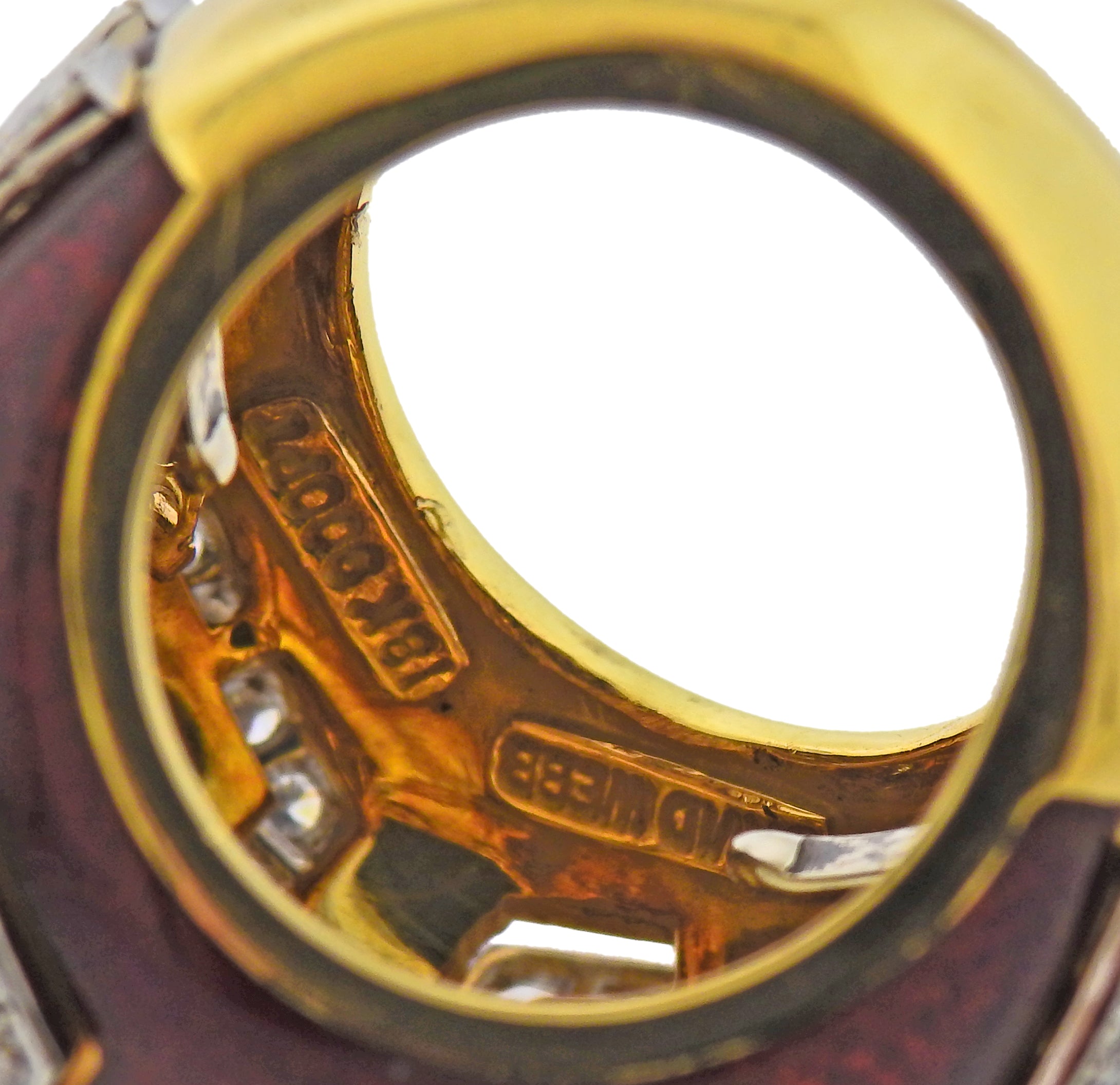 David Webb Red Enamel Diamond Gold Platinum Scroll Ring - Oak Gem