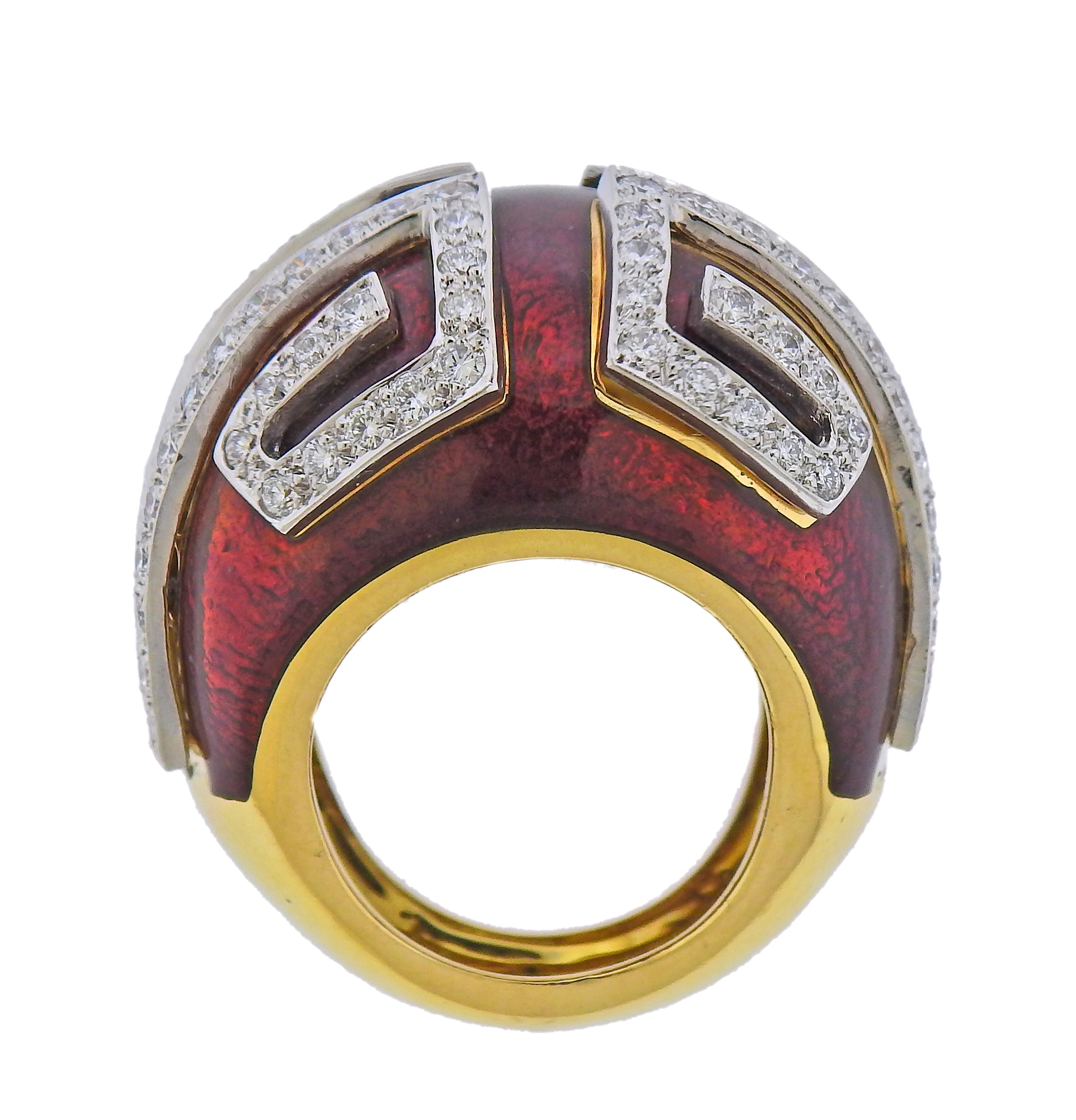 David Webb Red Enamel Diamond Gold Platinum Scroll Ring - Oak Gem