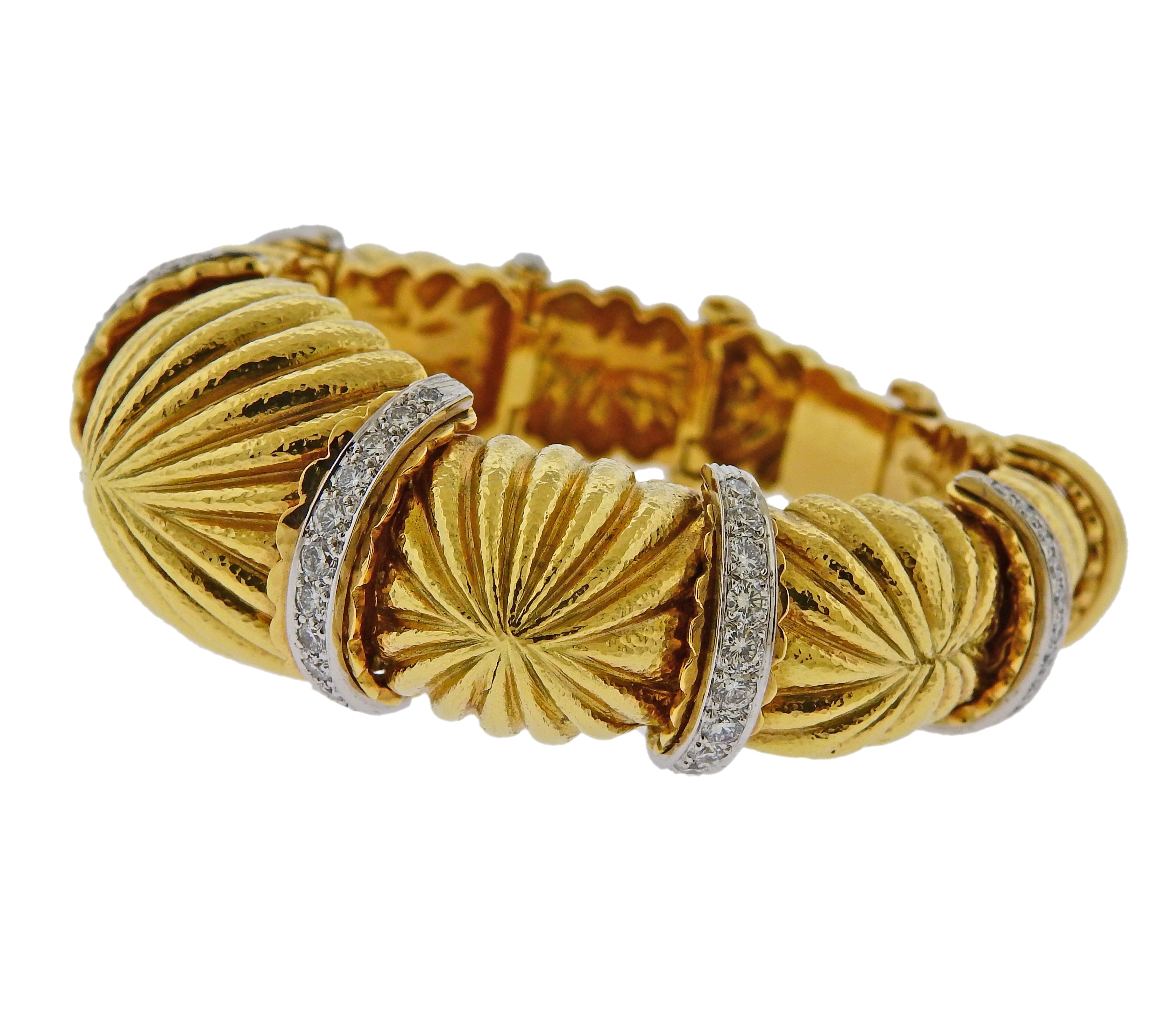 David Webb Fluted Dome Diamond Gold Platinum Bracelet - Oak Gem