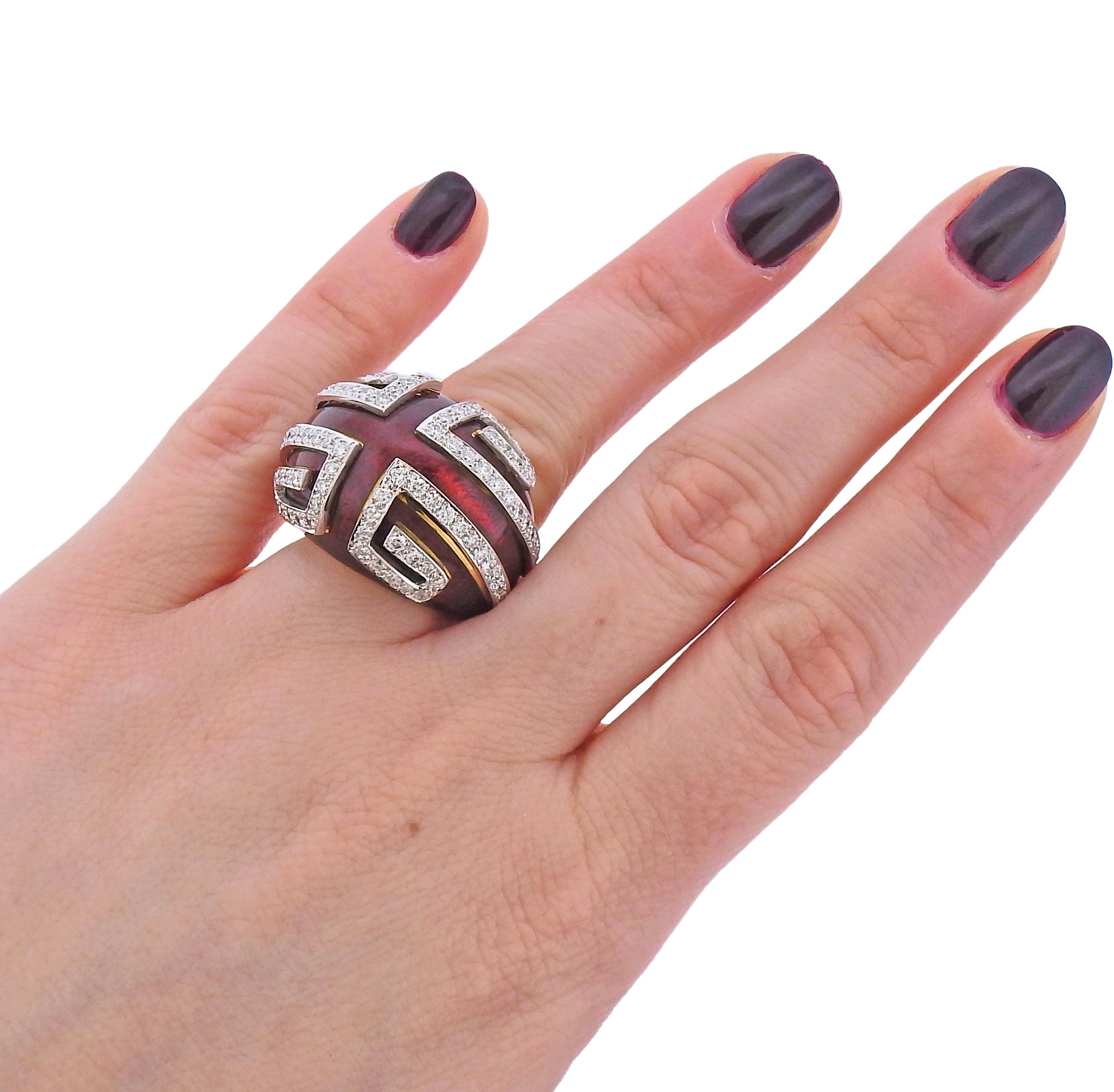David Webb Red Enamel Diamond Gold Platinum Scroll Ring - Oak Gem