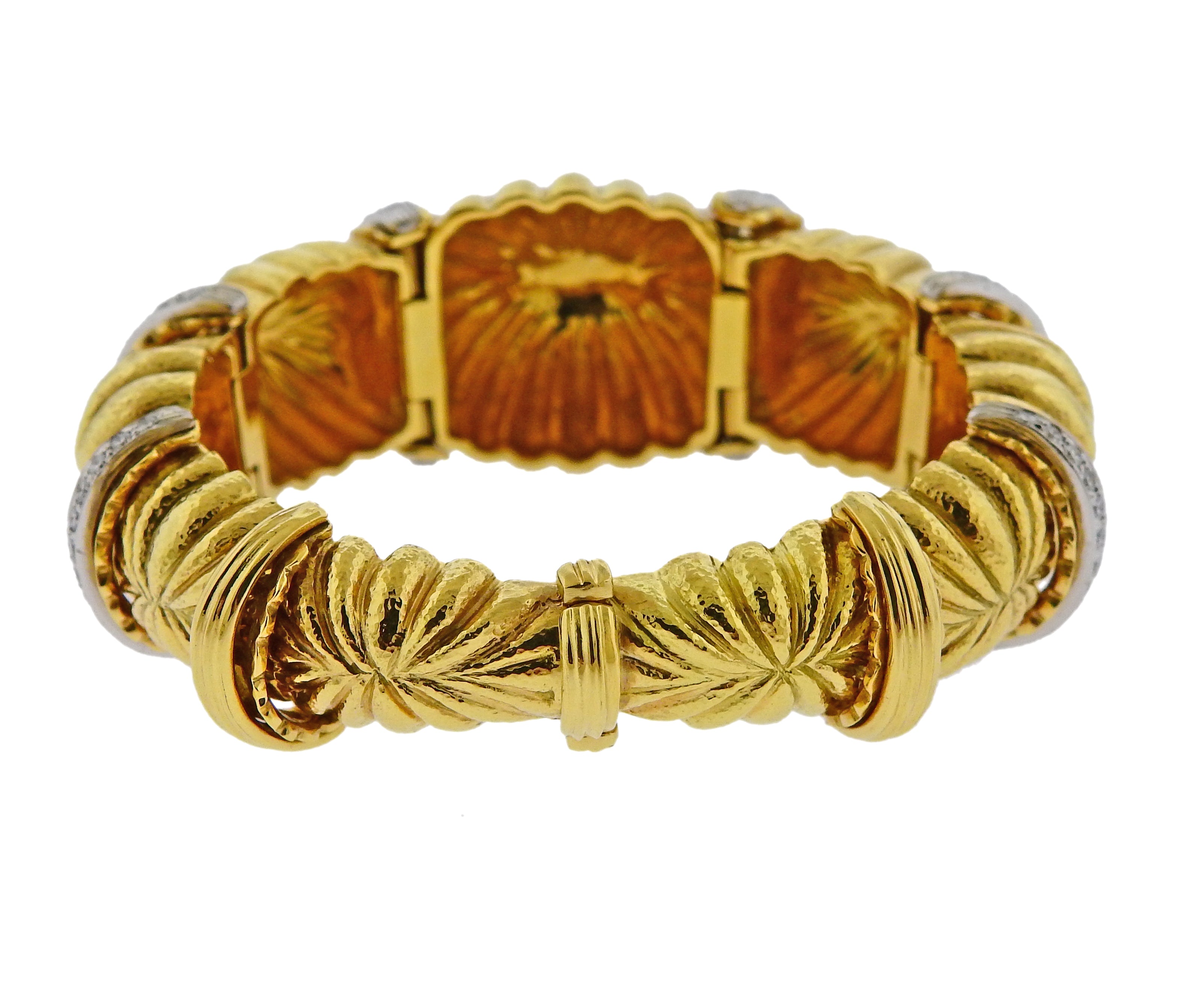 David Webb Fluted Dome Diamond Gold Platinum Bracelet - Oak Gem