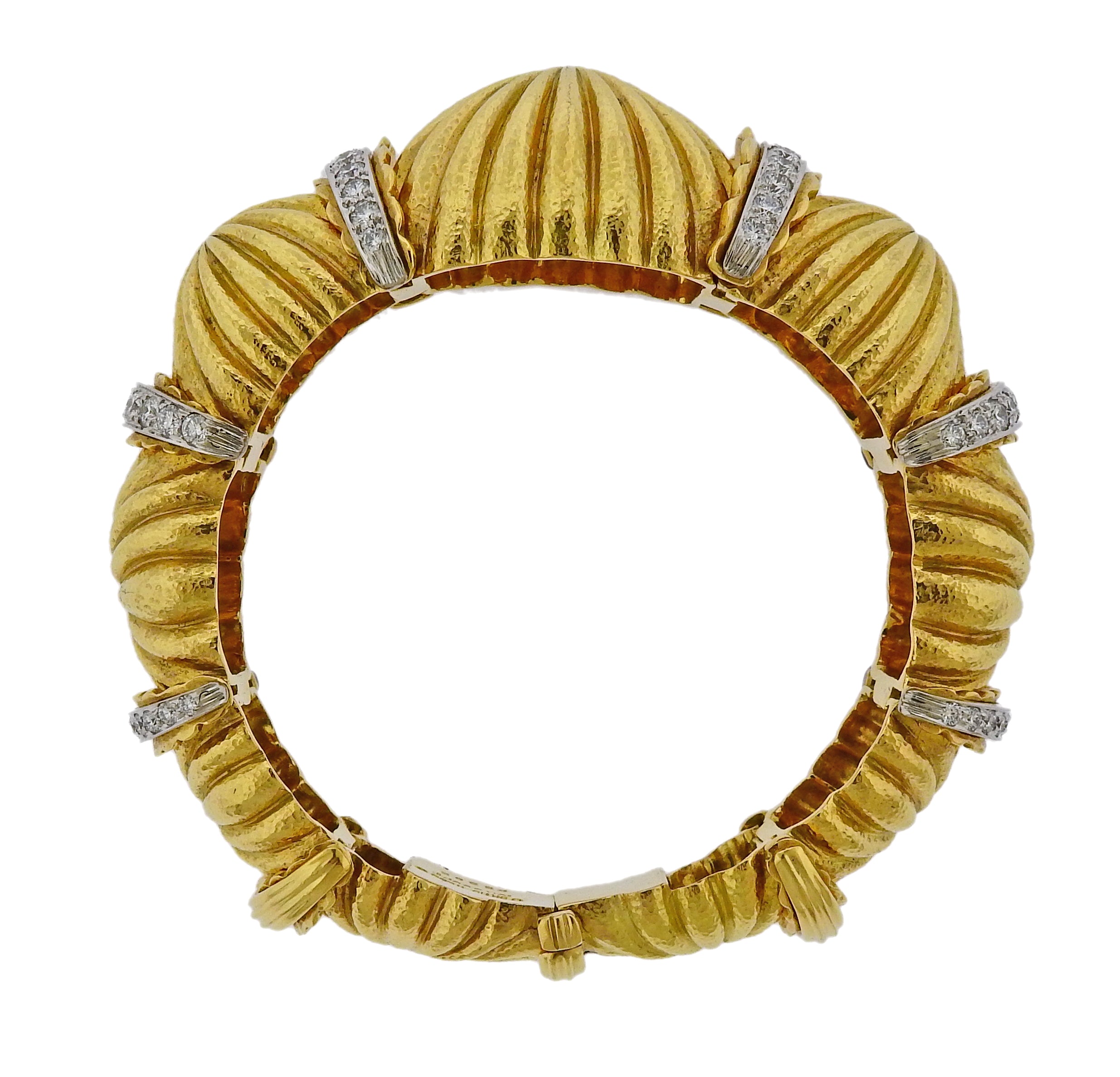David Webb Fluted Dome Diamond Gold Platinum Bracelet - Oak Gem