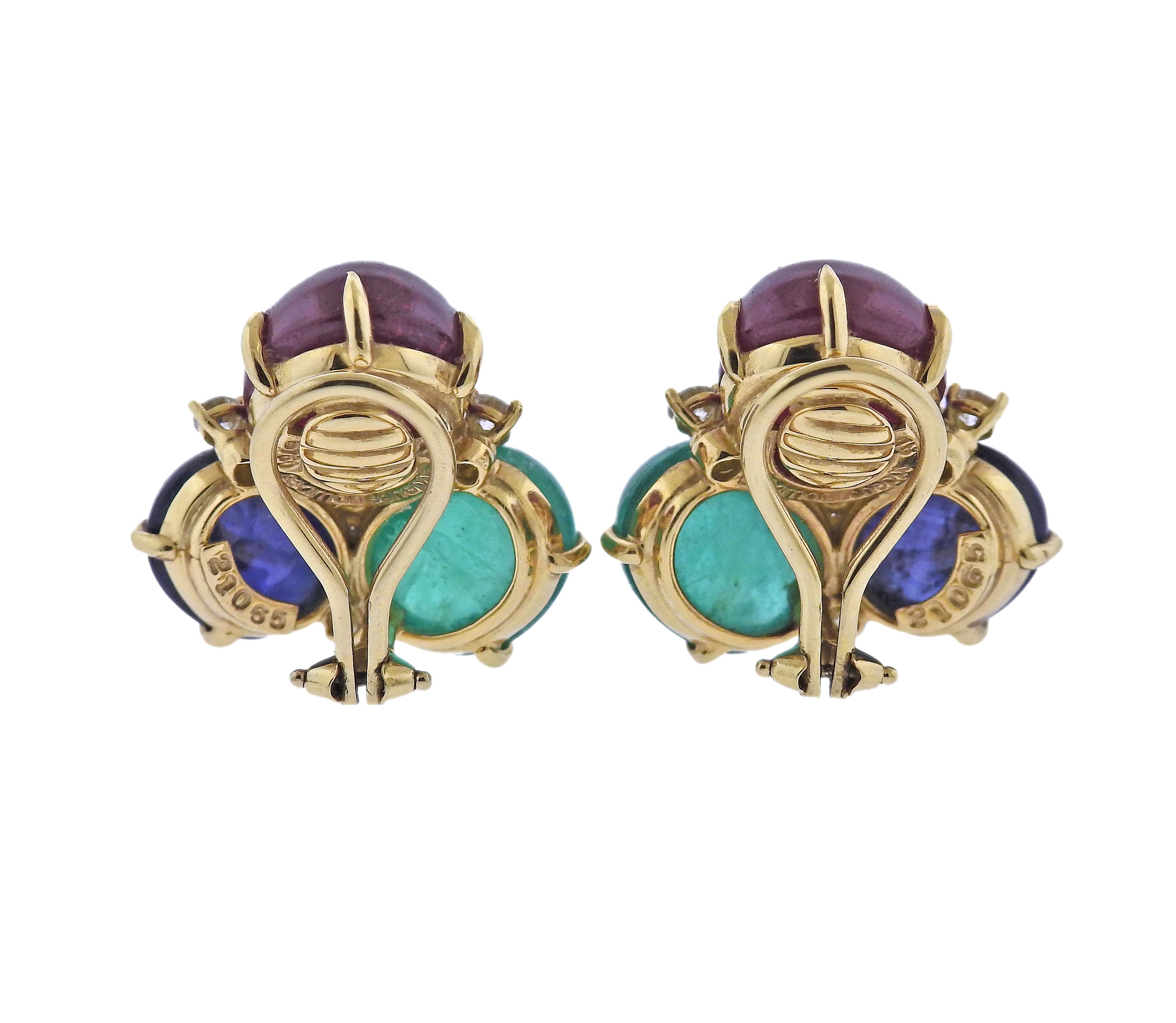 Seaman Schepps Bubble Ruby Sapphire Emerald Diamond Gold Earrings