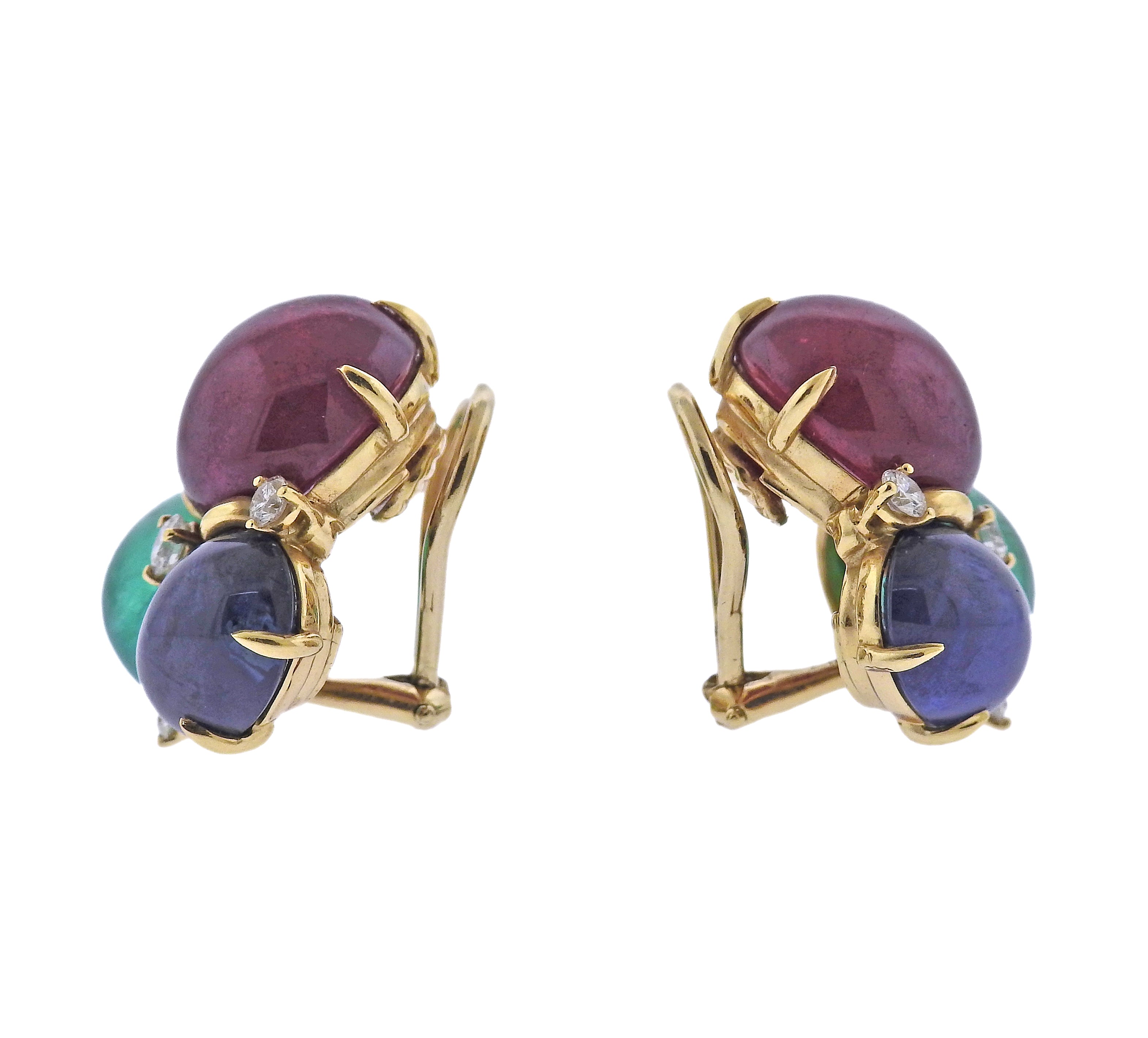 Seaman Schepps Bubble Ruby Sapphire Emerald Diamond Gold Earrings