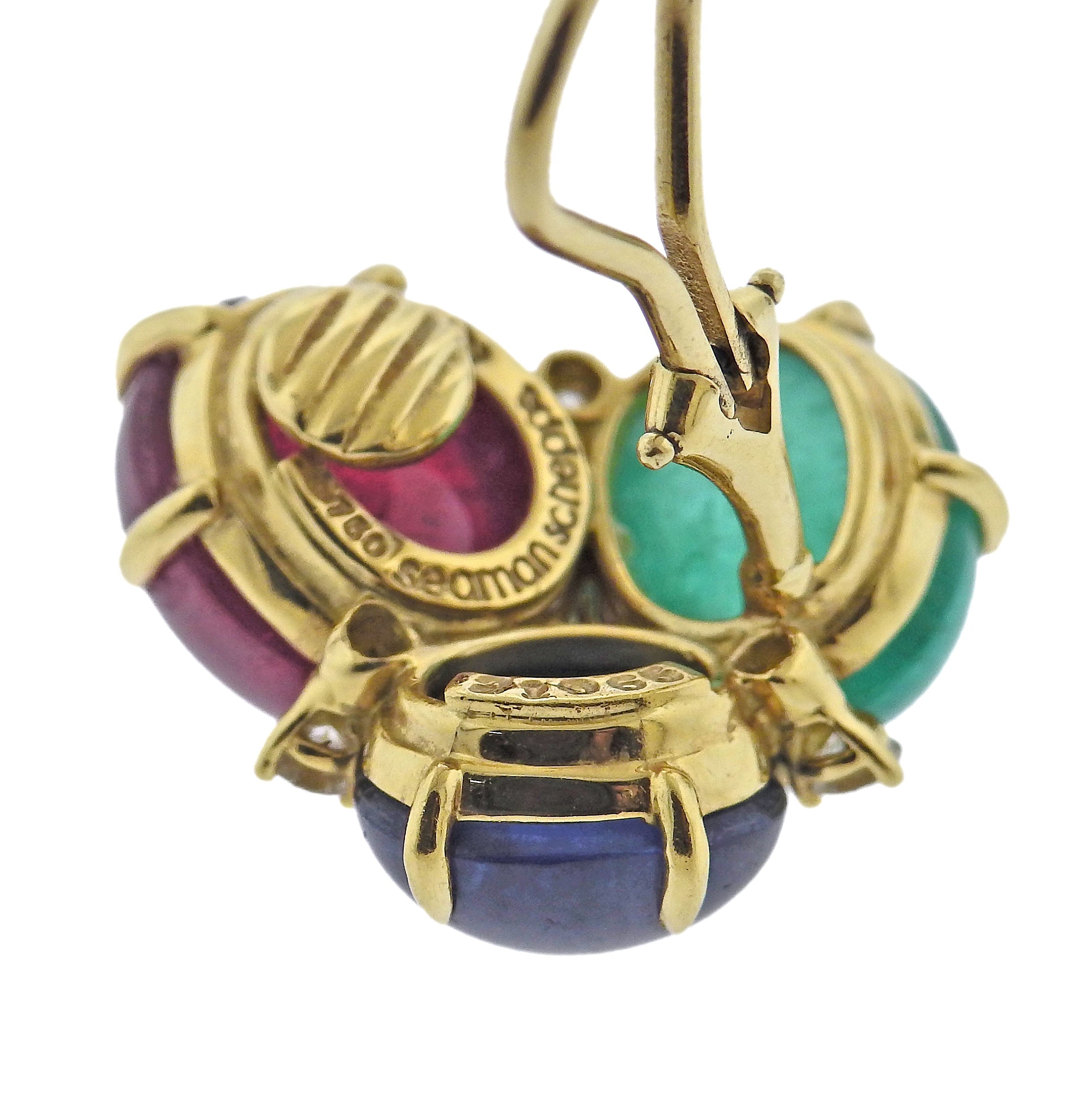 Seaman Schepps Bubble Ruby Sapphire Emerald Diamond Gold Earrings