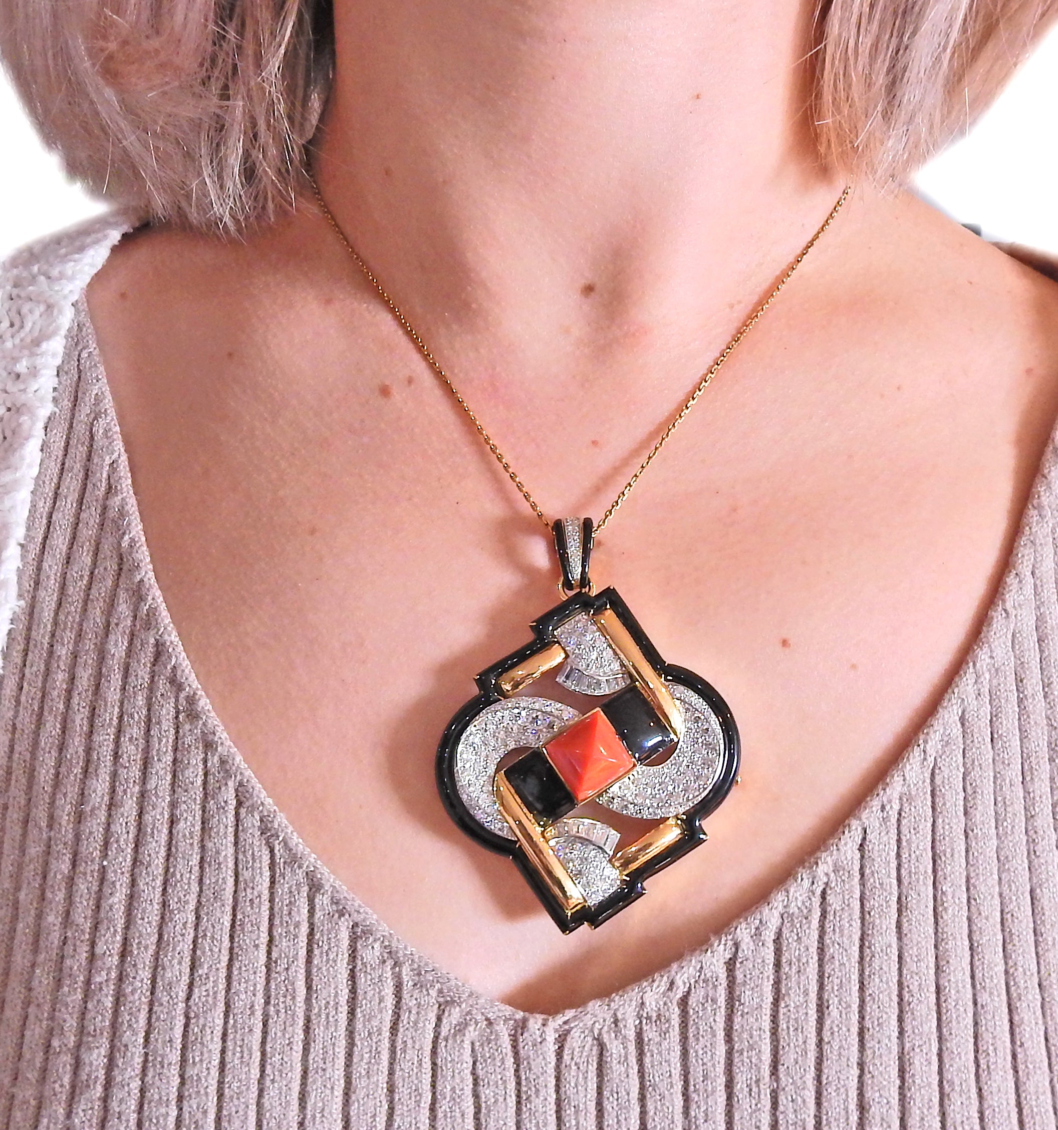 David Webb One of a Kind Platinum Gold Coral Diamond Enamel Pendant Brooch - Oak Gem