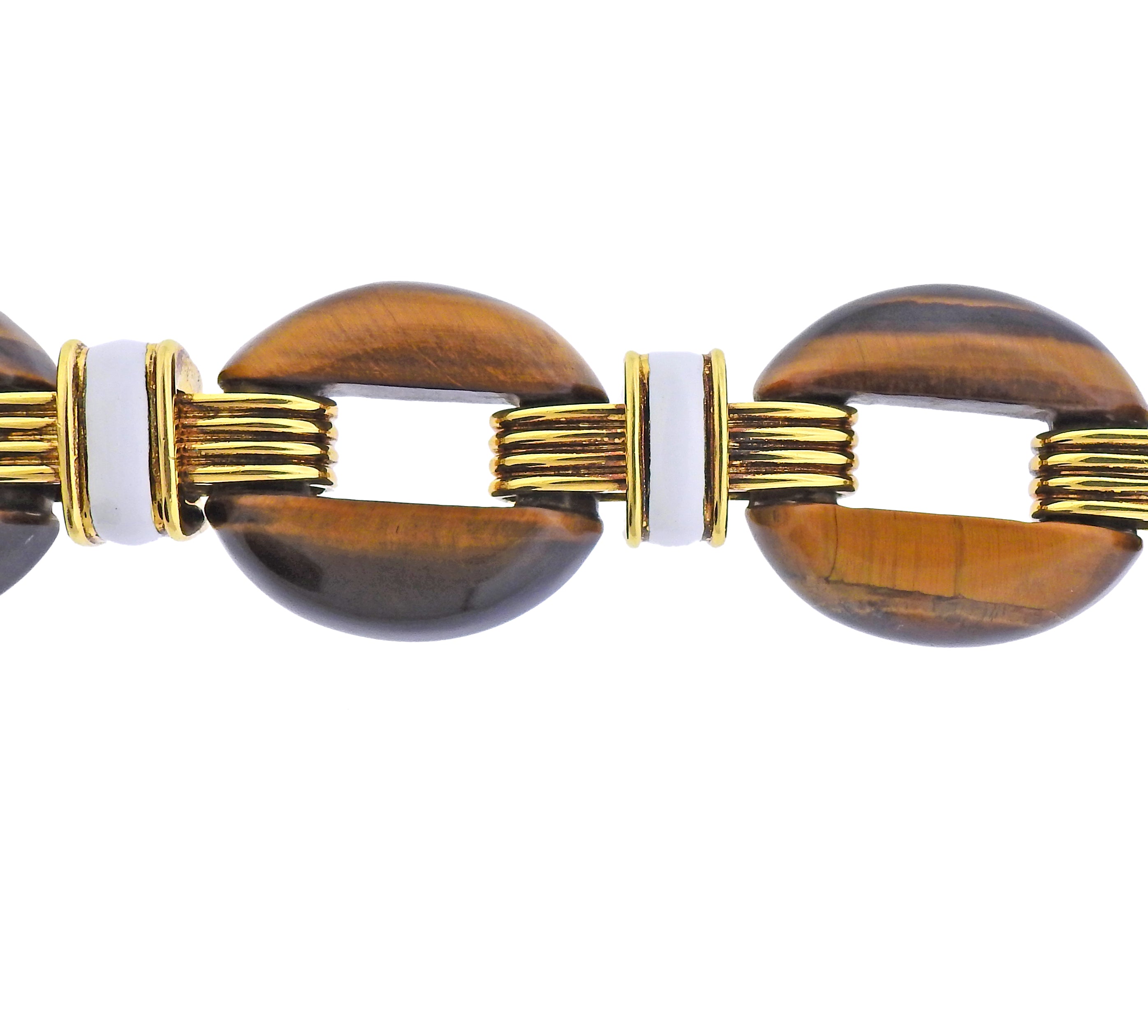 David Webb Tiger's Eye Enamel Gold Nautical Link Bracelet - Oak Gem