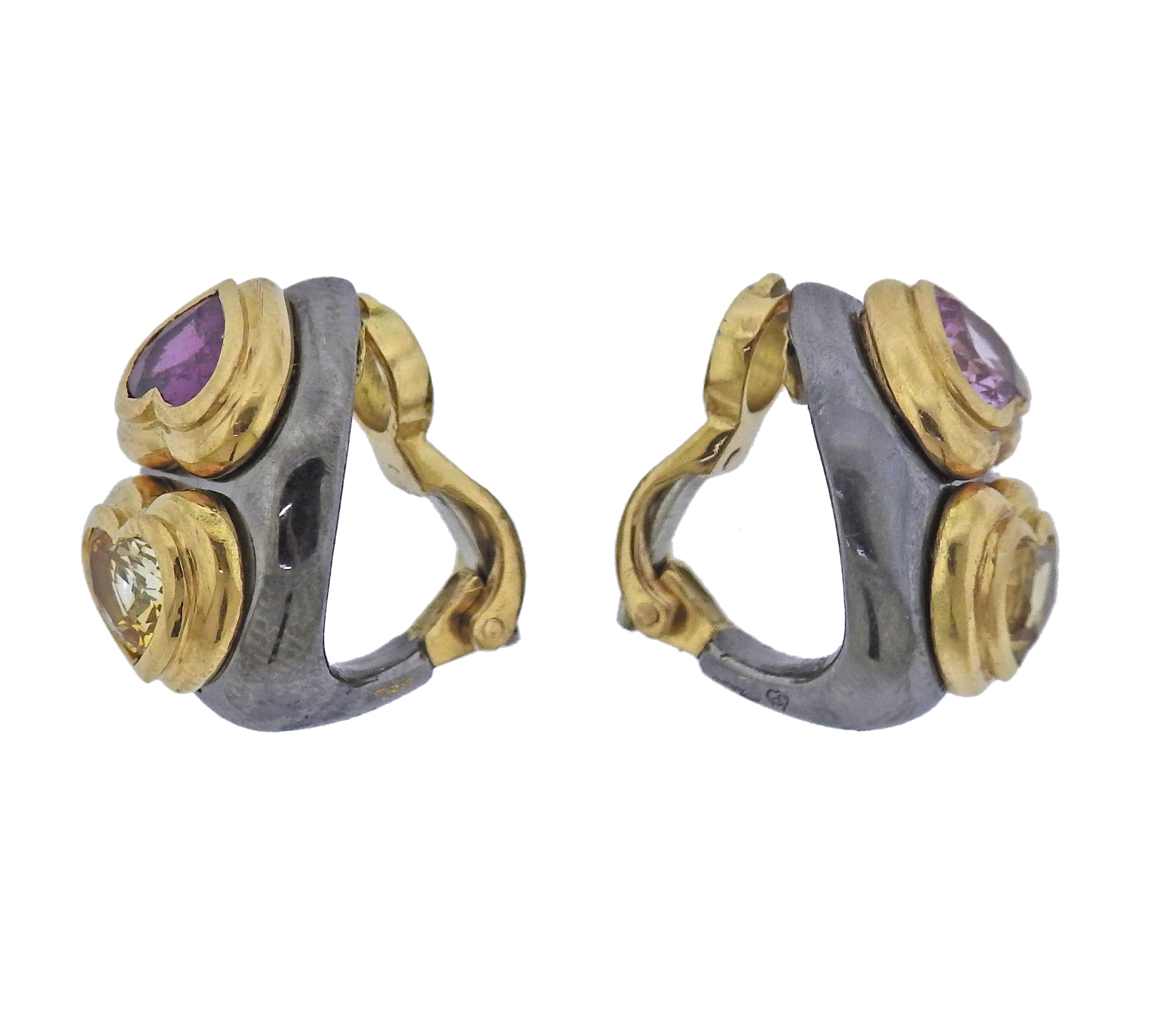 Poiray France Pink Yellow Sapphire Heart Gold Earrings