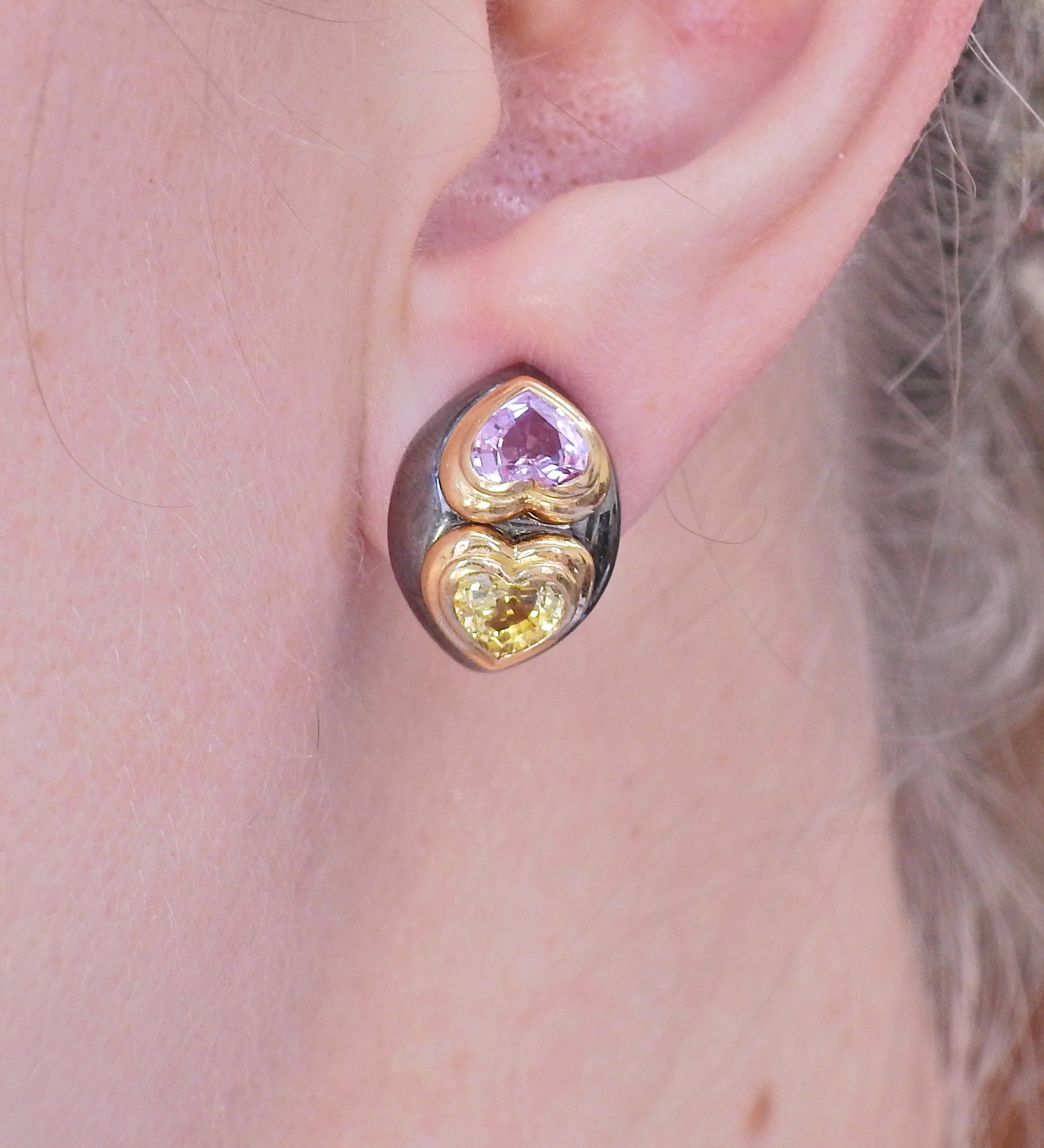 Poiray France Pink Yellow Sapphire Heart Gold Earrings