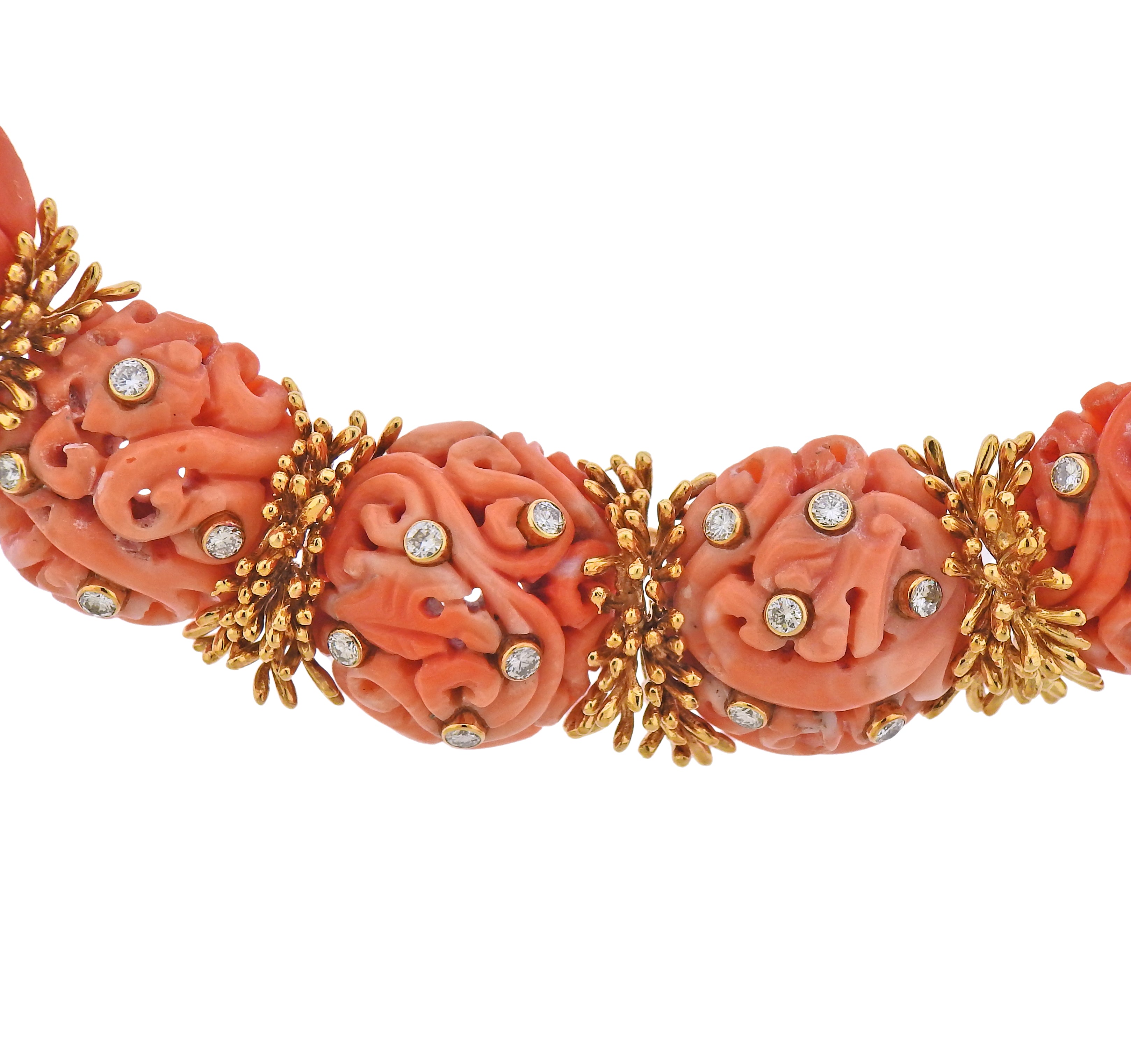 David Webb 1960s Diamond Carved Coral Gold Earrings Necklace Set - Oak Gem