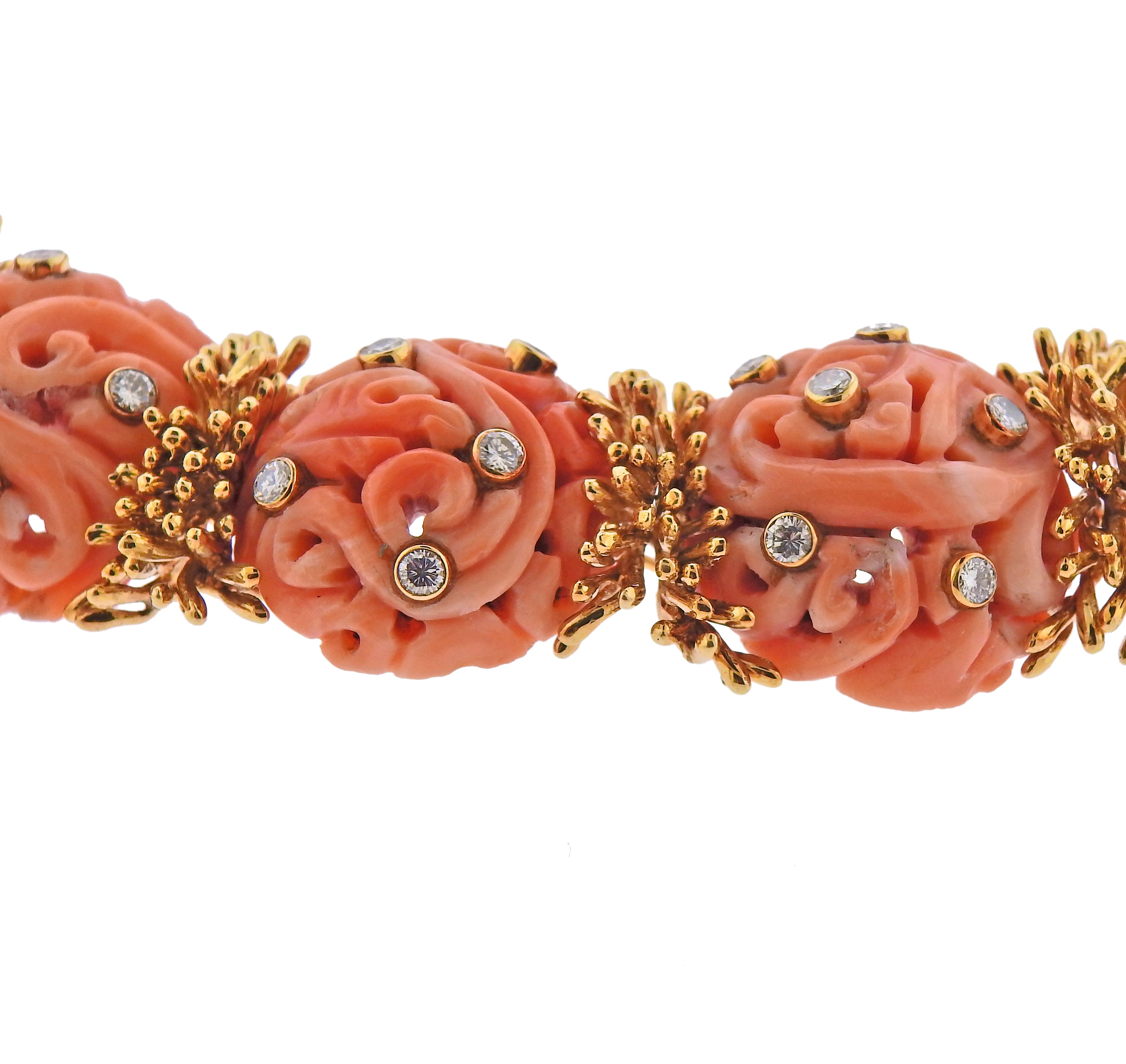David Webb 1960s Diamond Carved Coral Gold Earrings Necklace Set - Oak Gem