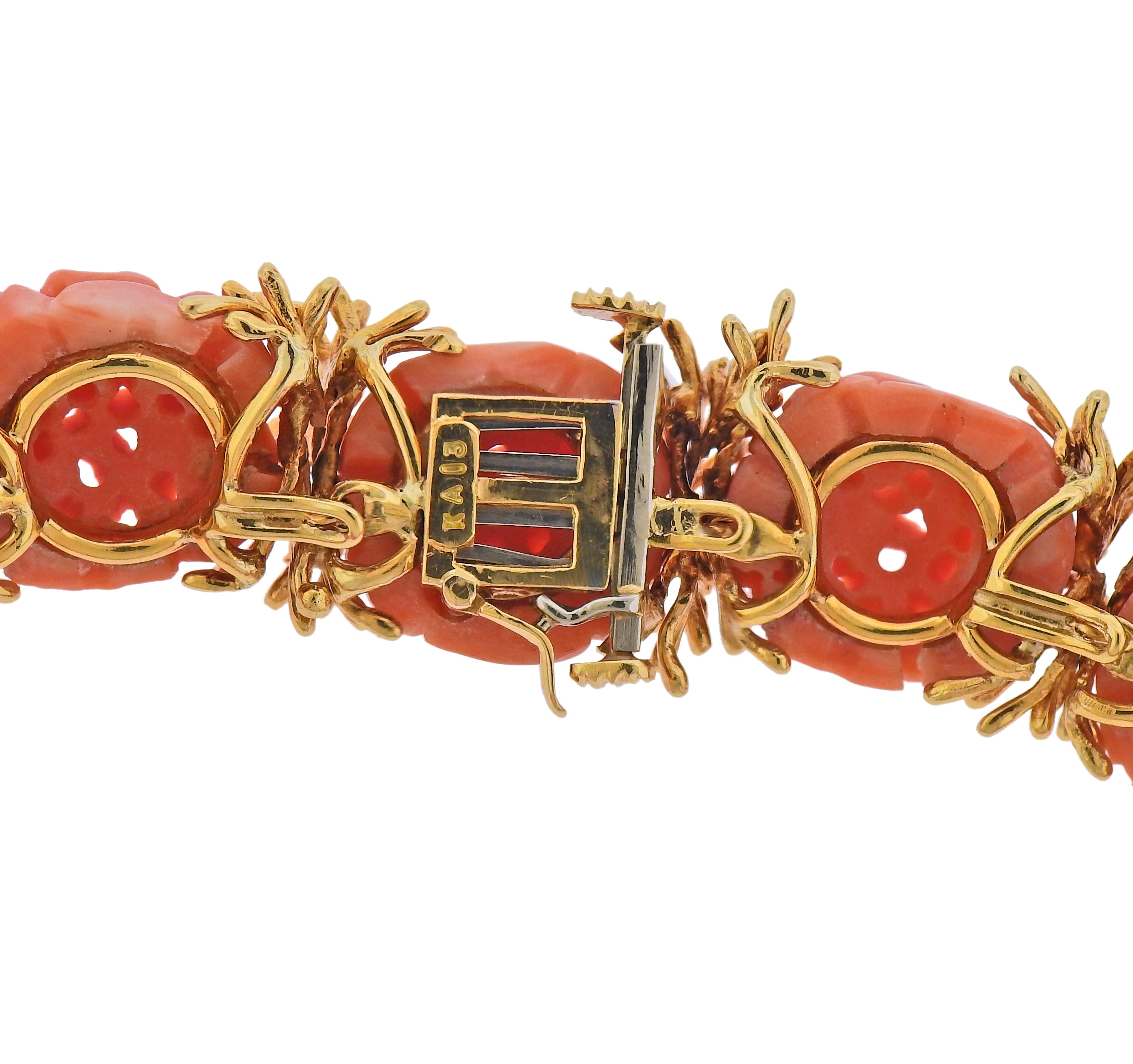 David Webb 1960s Diamond Carved Coral Gold Earrings Necklace Set - Oak Gem