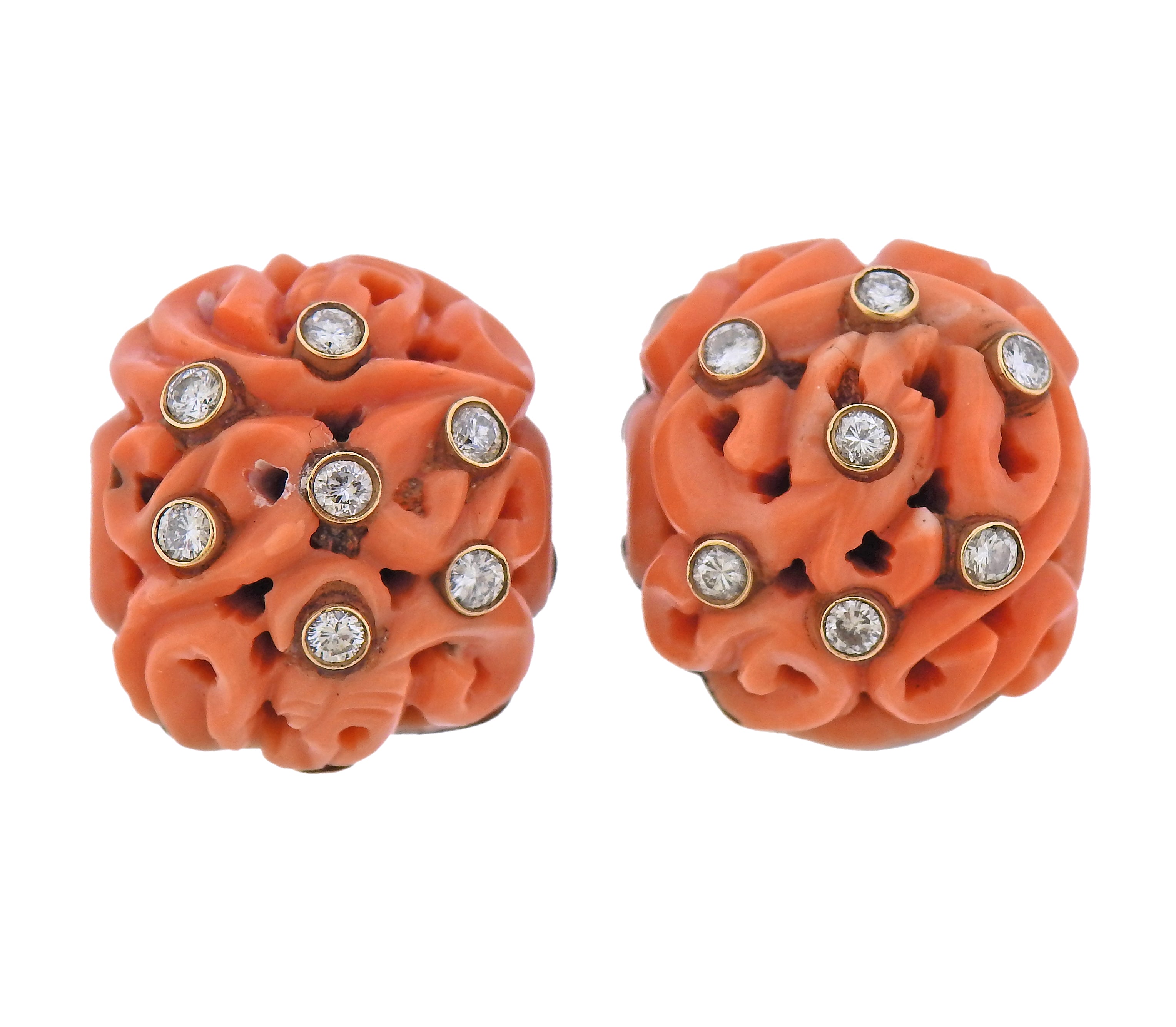 David Webb 1960s Diamond Carved Coral Gold Earrings Necklace Set - Oak Gem