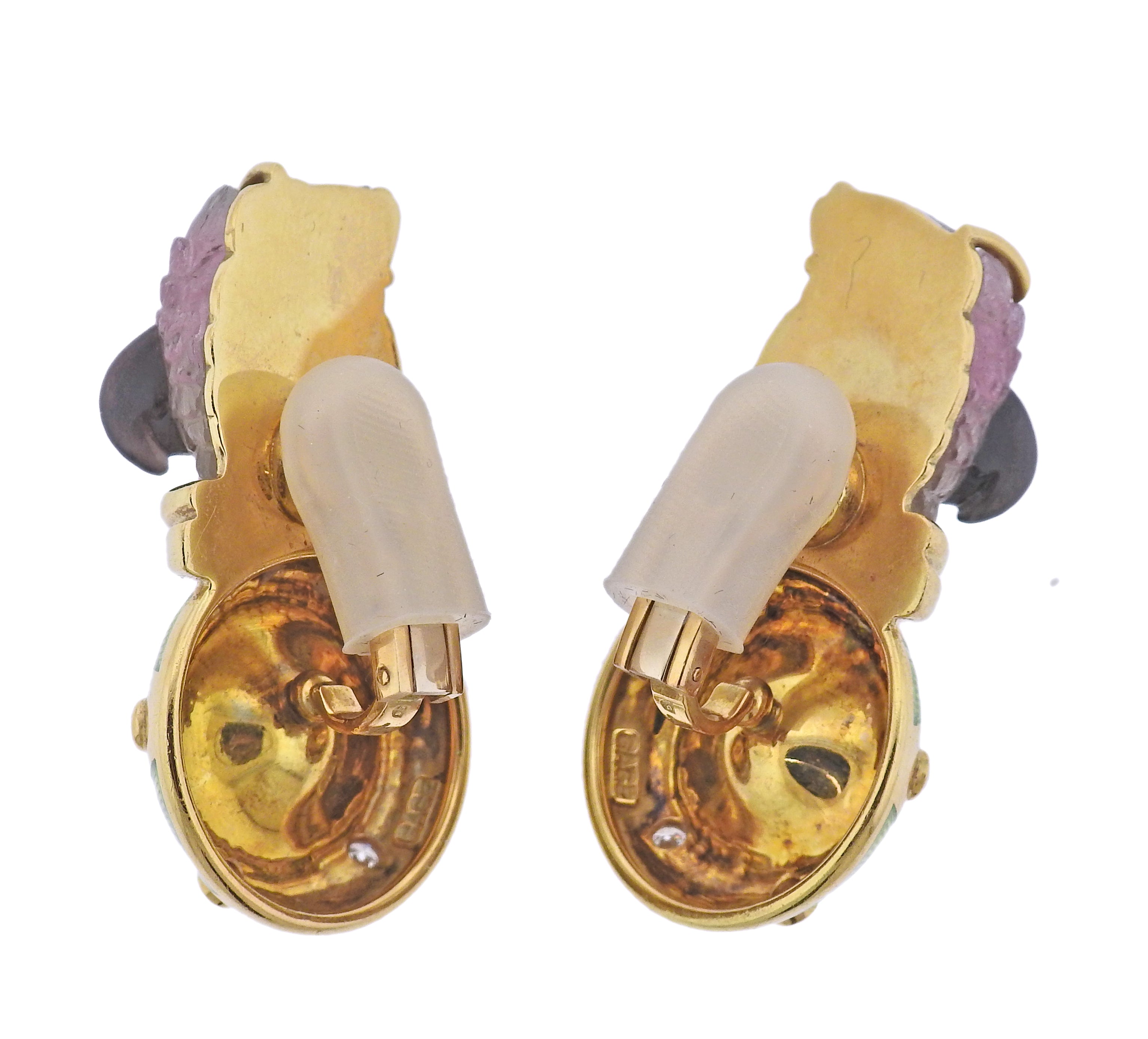 Elizabeth Gage Carved Tourmaline Diamond Pearl Enamel Gold Parrot Earrings