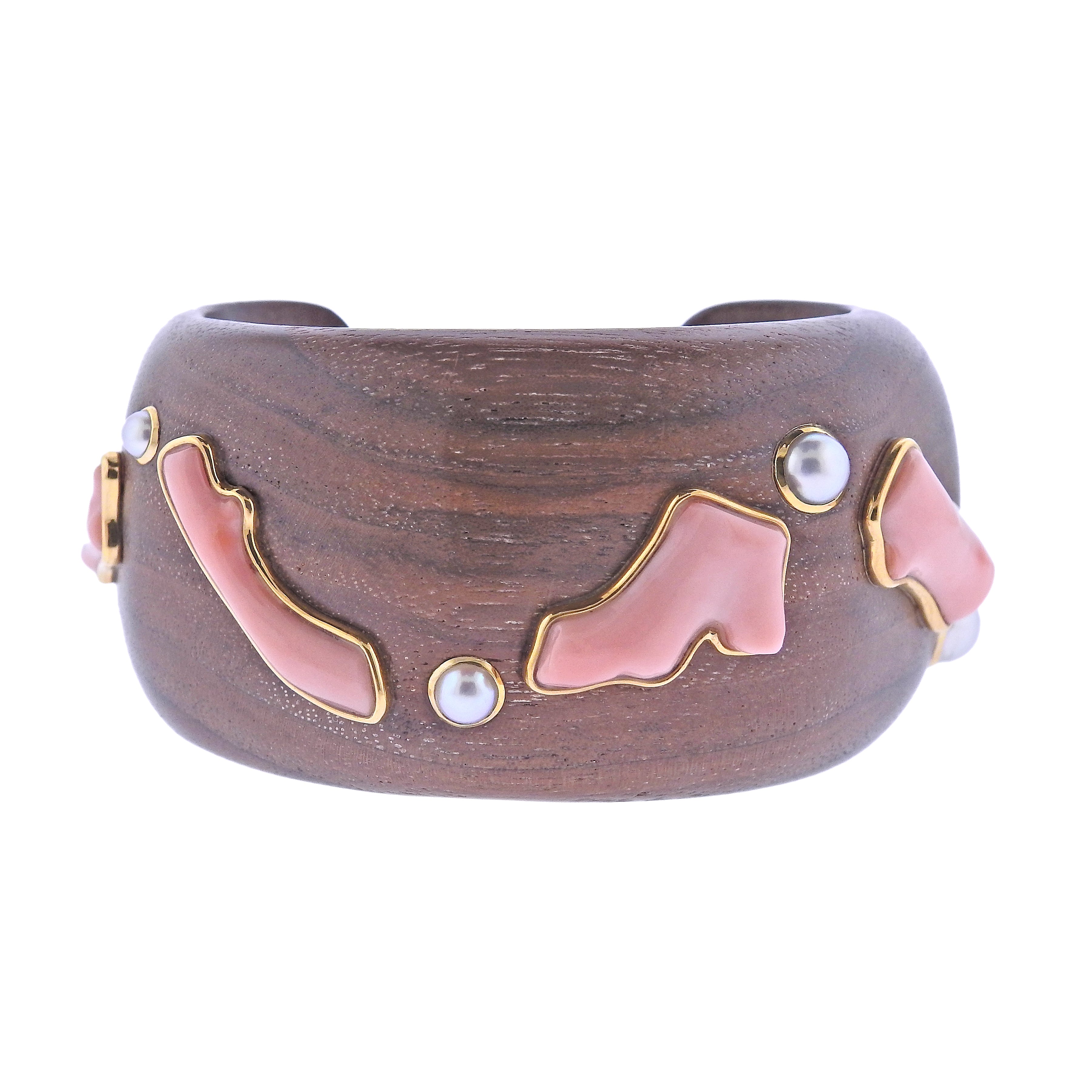 Estate Trianon 18K Gold Coral Pearl Wood Cuff Bracelet