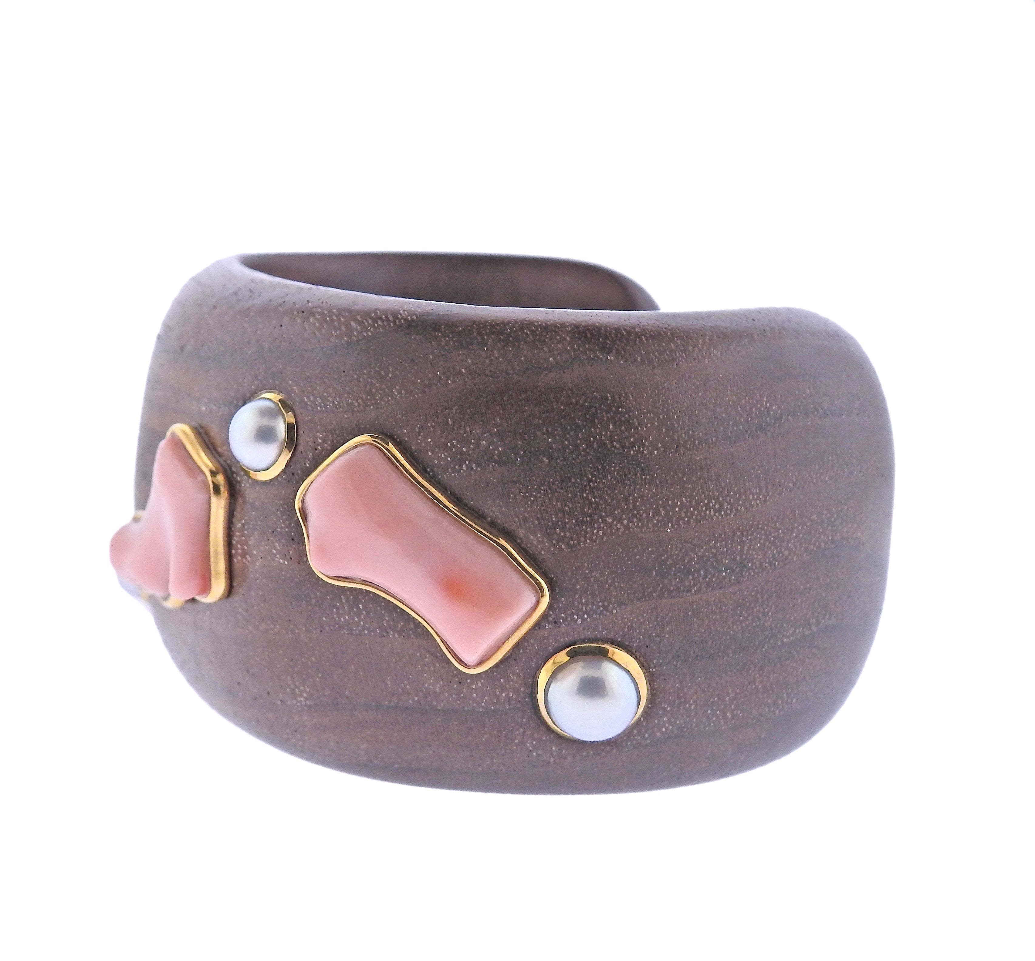 Estate Trianon 18K Gold Coral Pearl Wood Cuff Bracelet