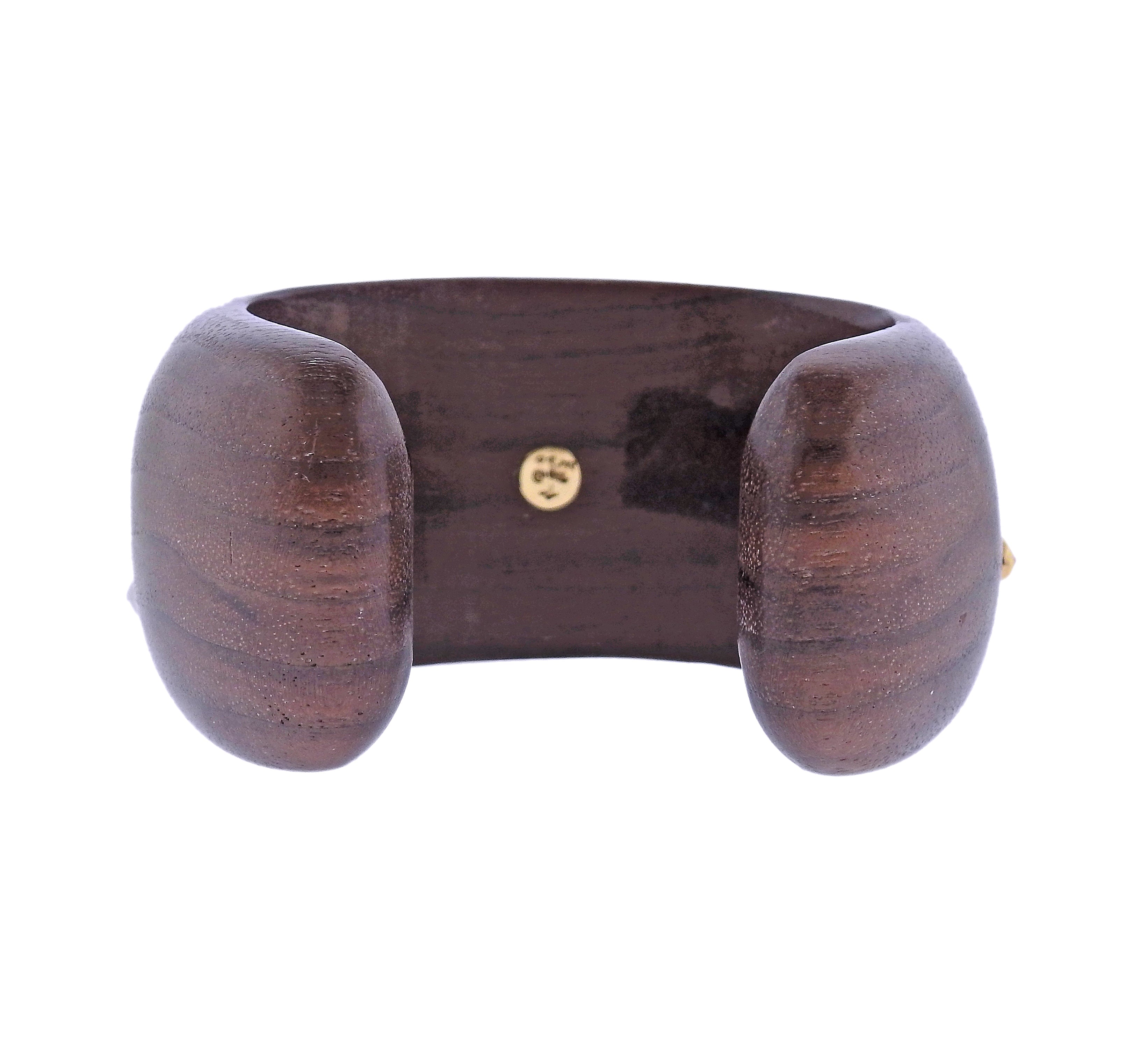 Estate Trianon 18K Gold Coral Pearl Wood Cuff Bracelet