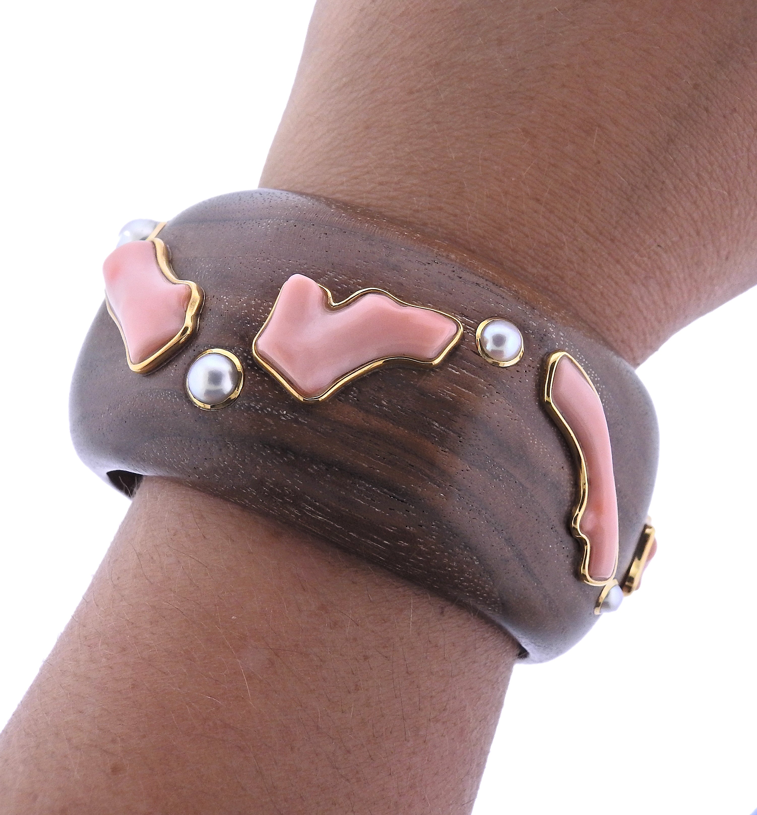 Estate Trianon 18K Gold Coral Pearl Wood Cuff Bracelet