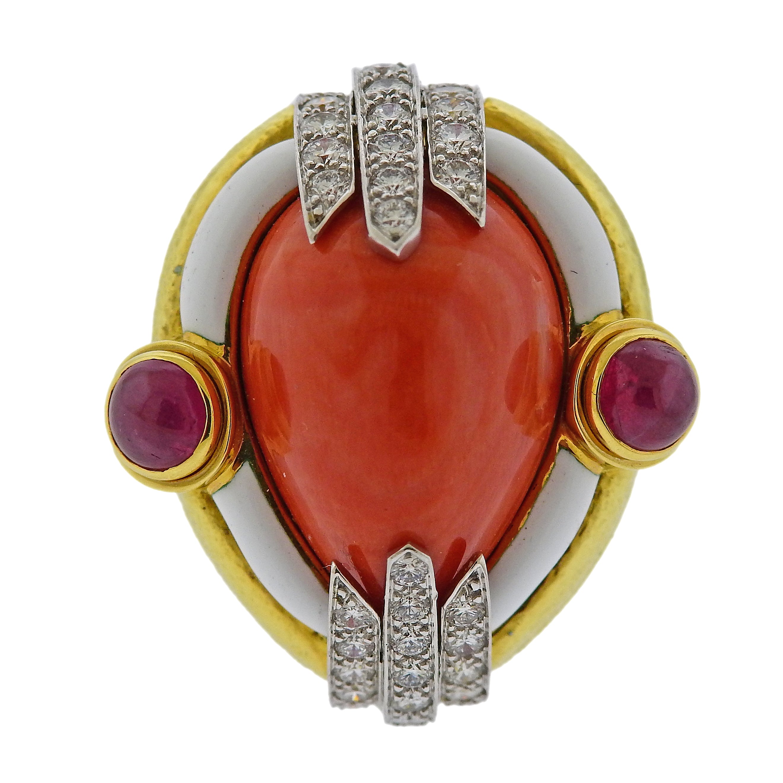David Webb Coral Ruby Diamond Enamel Gold Platinum Ring - Oak Gem